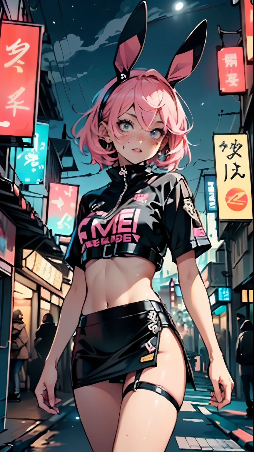 cute little bunny ,(((little , small tiny body, ))), (((6 ))),((anime little bunny with extremely cute and beautiful fuchsia hair walking down the street)),(((bunny girl,anthro furry cute,bunny-girl))),(((bunny ears,bunny ears on head,big bunny ears))),
(((flat chest))), (((fuchsia hair:1.35,short fuchsia hair,colored inner hair,ear breathing,))),((heterochromia, eye1 fuchsia, eye2 pink, perfect eyes, upturned eyes:1.3, beautiful detailed eyes, finely detailed beautiful eyes:1, big highlight on eyes:1.2, slanted eyes)), (((freckles on the face, freckles,freckled girl))),(((lustrous skin:1.5,bright skin: 1.5,skin tanned,shiny skin,very shiny skin,shiny body,plastic glitter skin,exaggerated shiny skin))),(delicate detailed fingers,detailed body,detailed arms,human hands, detailed hands),
cute,slutty,,erotic,nsfw,
zettai ryouiki,revealing clothing,show skin,((rave shirt, fluorescent colored shirt, rave mini-skirt,visible thong straps)),(wearing a rave outfit:1.3,rave clothes,semi-naked,with little clothing,),(detailed outfit,detailed clothes),
(dynamic pose:1.0), solo focus, embarrassed, centered, scale to fit dimensions, Rule of thirds,
outdoors, ((night view)), (cyberpunk night street Background: 1.5,dark sky,alleyway,lonely alley,thick clouds, detailed background:1.25),
(best quality), (high resolution), (sharp focus), (ultra detailed), (extremely detailed), (extremely high quality artwork), 8k_wallpaper, (extremely detailed CG 8k),(very fine 8K CG), ((hyper super ultra detailed perfect piece)), flawlesasterpiece))), illustration, vibrant colors, (intricate), High contrast, Selective lighting, Double exposure, HDR (High Dynamic Range), Post-processing.