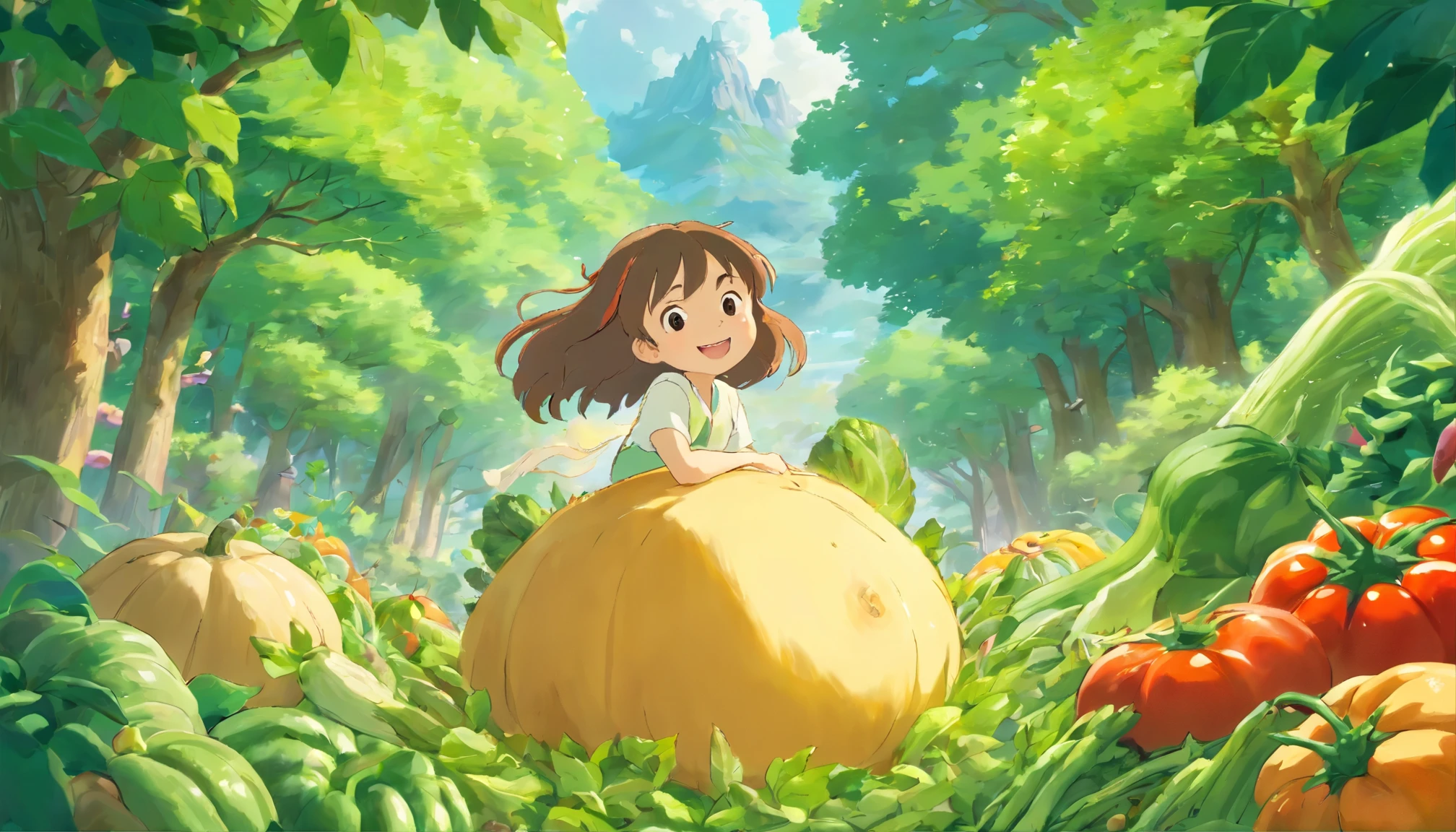 (best quality,4k,8k,highres,masterpiece:1.2),ultra-detailed,(realistic,photorealistic,photo-realistic:1.37),smiling vegetable salad,ghibli studio,illustration,fresh vegetables,green leaves,whimsical,organic,imaginative,playful,delightful,cheerful,magic,enchanted forest,morning mist,majestic trees,soft sunlight,harmony,nature,peaceful,warm colors,golden highlights,gentle breeze,serene atmosphere,dream-like setting,cartoonish characters,expressive eyes,joyful expressions,colorful costumes,celebration of nature,abundance,vitality,joy,harvest,crisp textures,vibrant details,wholesome,happiness,positive energy,freshness,airy composition,aesthetic elegance,artistic creativity,inspiration from Studio Ghibli's magical world