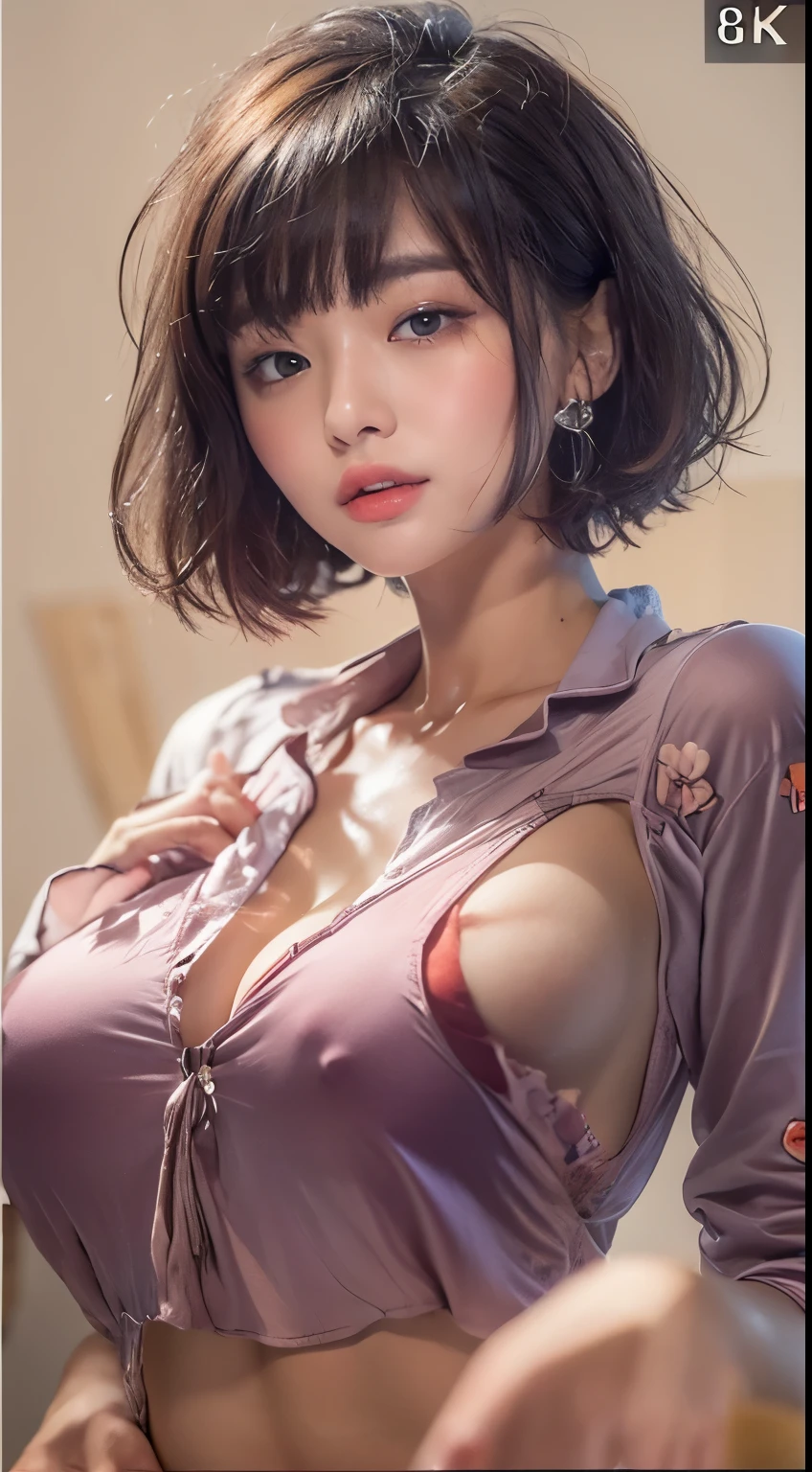NSFW,((highest quality, 8k, masterpiece :1.3)), 1 girl, pretty woman with thin abs :1.3, (medium short hair, huge breasts :1.2), pajamas:1.1, super detailed face, fine eyes,
