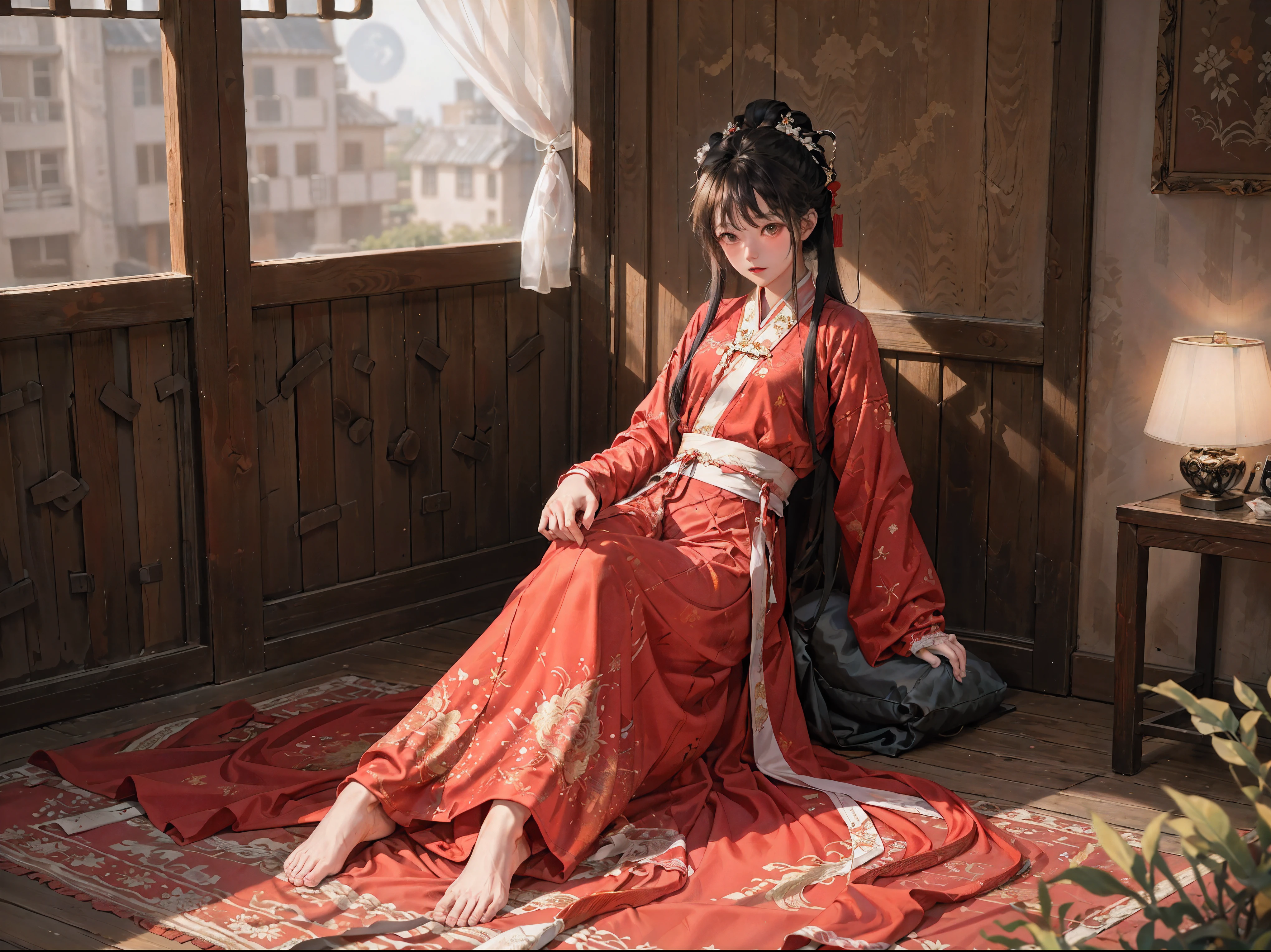 Ridiculous, Super detailed, (1 girl:1.3), Hand Painted, simple lines, -yeld giwearing red Chinese Hanfu, on the bed, barefoot, indoor, moonlight, at night, nose blushing, leave, high resolution, masterpiece