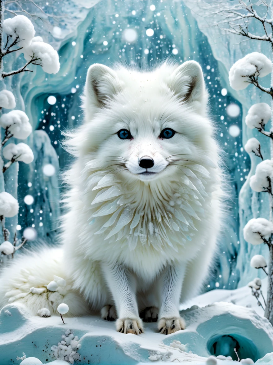 cuteillustration北极狐屋，arctic fox family，animal，hibernation，cute，sleep，Comfortable and warm，looks very happy，illustration，Popularity，Colorful，draw with thick lines，color，dim，light，hibernation的北极狐正在睡觉，have a happy dream，The house is warm and full of happiness，Colorful，gaudy，fantasy，patchwork，Quilt，details details，fluffy，randolph caldecott style, KidsRedmAF