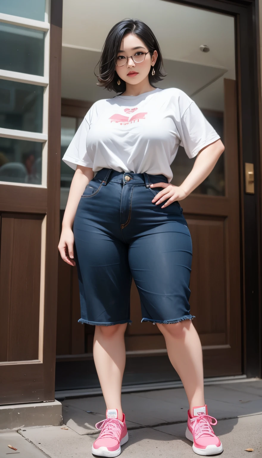 Indonesian woman, thick body, cold atmosphere , thick cheeks , full body , random pose, wavy short hair , thick hips, 40 years old , slightly fat arms , slightly fat belly , shorts pants