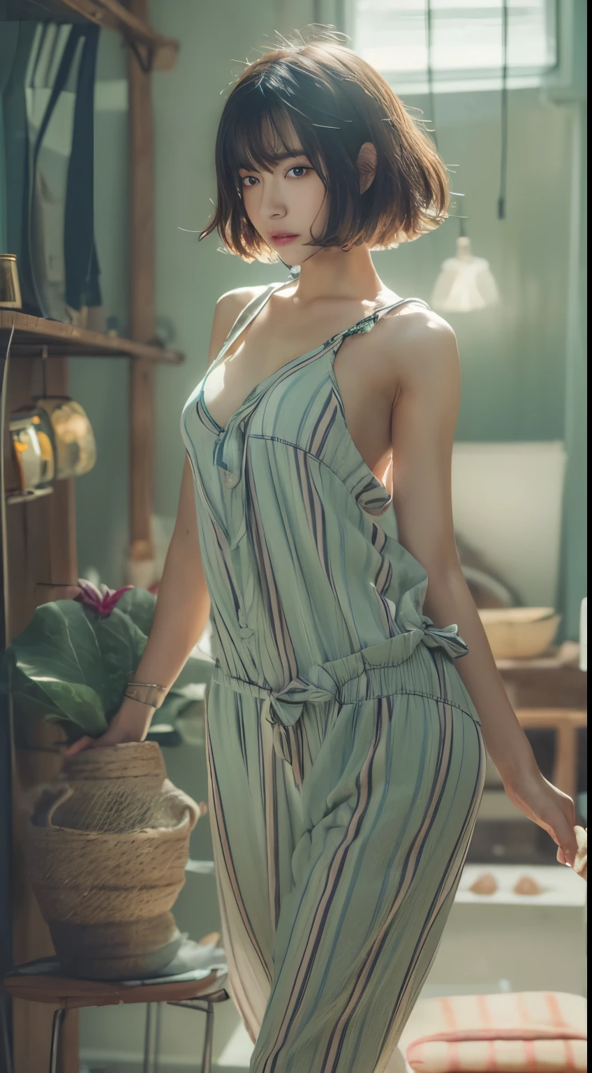 NSFW,((highest quality, 8k, masterpiece :1.3)), 1 girl, pretty woman with thin abs :1.3, (medium short hair, huge breasts :1.2), pajamas:1.1, super detailed face, fine eyes, 