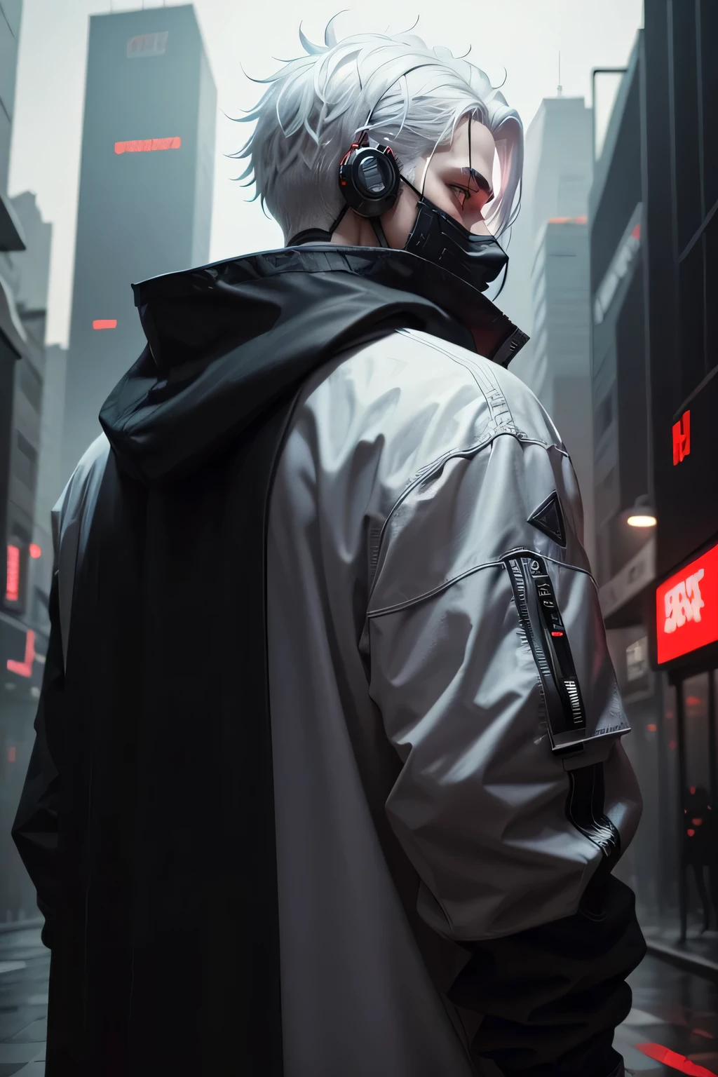 There is a man wearing a ghost mask and a black hoodie,showing his back, Hyper-realistic cyberpunk style,Digital cyberpunk anime style, white color, white hair, horror background really dark and scary