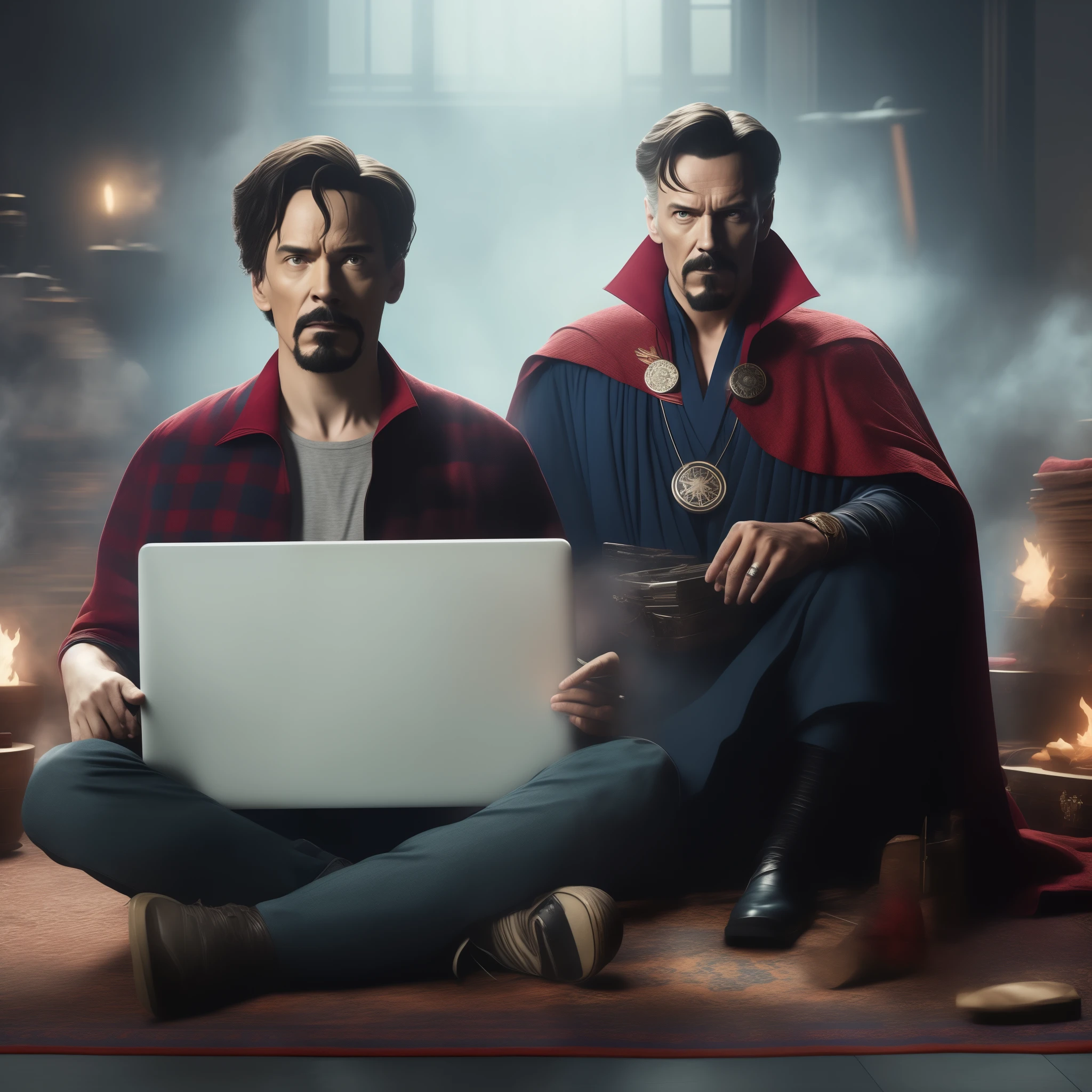 there are two men sitting on the floor with a laptop, doctor strange, film still from'doctor strange', film still from 'doctor strange', dr strange and dr seuss, dr strange, in style of marvel and dc, movie promotional image, walter white as doctor strange, snoop dogg as doctor strange, mcu style, marvel style, portrait shot, promotional art