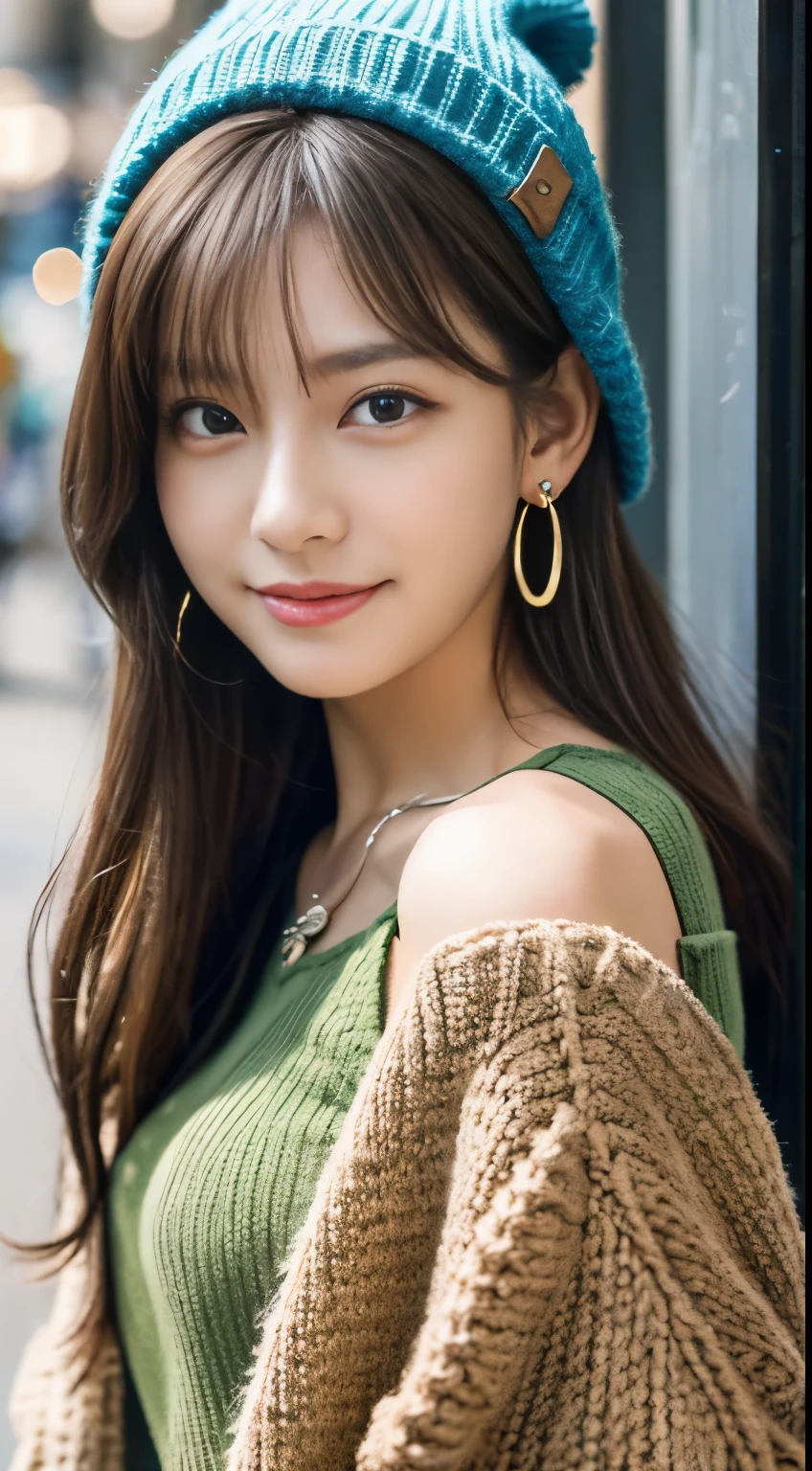 (32K,high detail,high details,High resolution,high density,solo:1.3),(realistic person々,live action,detailed eye,High resolutionの目,fine eyes,Eyes that look like they're alive,beautiful dark blue eyes,Fishing eyes,lip details,clear white skin,detailed realistic face:1.3),(japanese id,korean idol,japanese model,korean model,Korean K-POP female idol:1.2),(with a flushed face,natural makeup,necklace,earrings,へそearrings:1.4)(military cargo pants,Colorful tops with big silhouette,big silhouette coat,leather boots,knit hat,Mode style, beautiful eyes, casual:1.6),(well-shaped chest:1.5),(Sexy and very beautiful koreans16 years old ,cool eyes,smile a little,backwards,looked back,looking at camera,fashion leader,Fashion Model,soft skin,Unforgettable eyes,Eyes are too beautiful,I want to go to the Paris Collection.,cutting edge fashion:1.6),(Show me your whole body,show off your whole body fashion,Fashion that stands out:1.7)、long brown hair with highlights