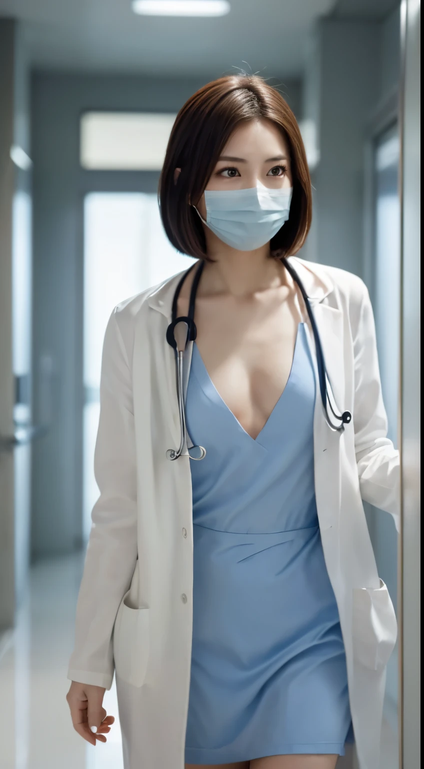 Photorealistic beautiful doctor、amazingly beautiful、(Doctor White Coat Naked),(topless)、Decolletage、thighs、barefoot、nipple、cleavage、(highest quality、8k、32K、masterpiece、nffsw:1.3)、ultra high resolution,(Photoreal:1.4),RAW photo, detailed face,,beautiful hair, ((doctor style)), (Blue surgical gown and white doctor&#39;coat、Light blue mask),very short hair 、 natural makeup,, small perfect breasts、(walk down the hospital hallway) 、、detailed background, perfect lighting, Depth of written boundary, beautiful shadow gradation,(Stethoscope) ,、thin limbs、細いthighs、whole body、backwards、