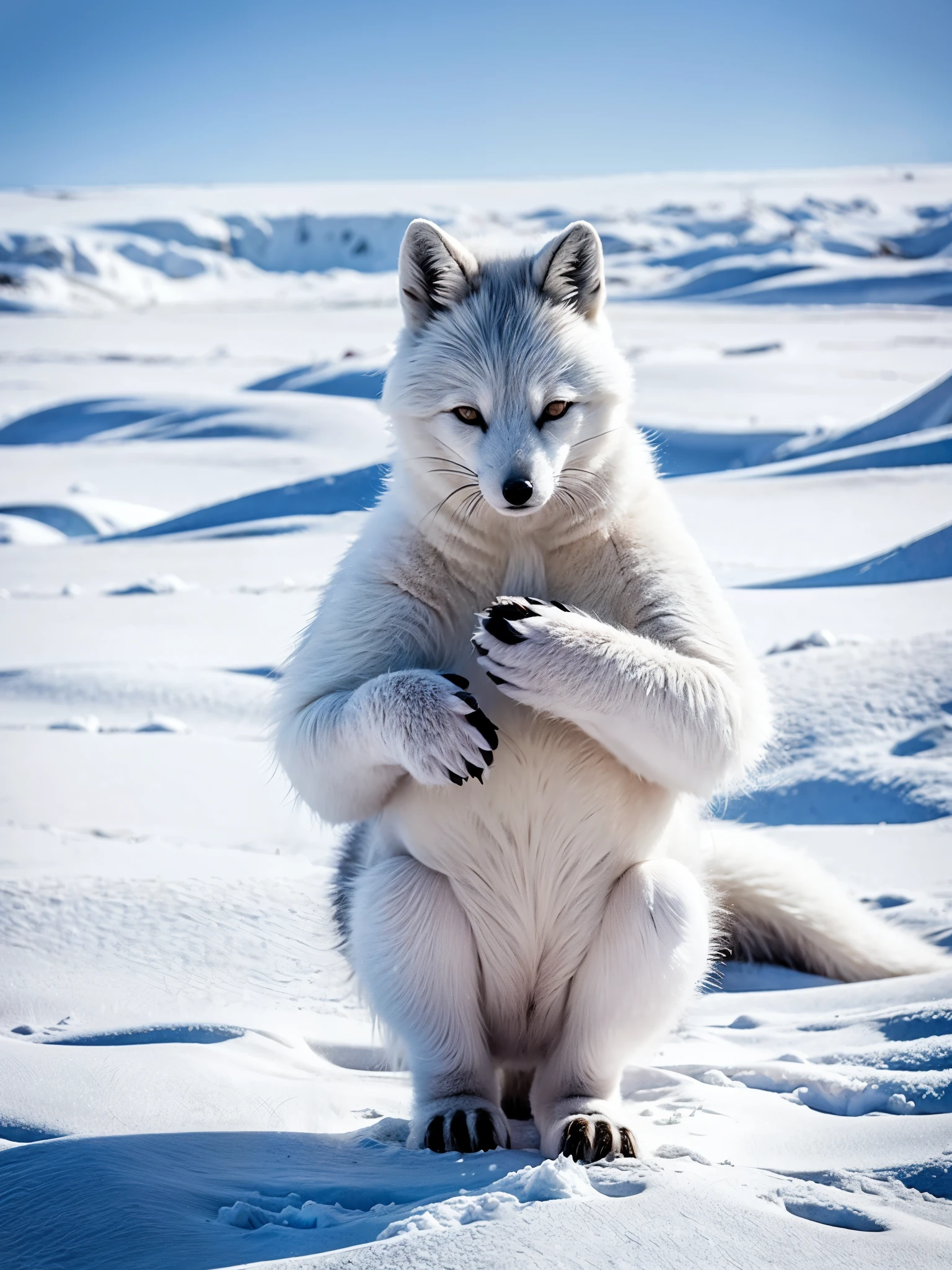 girl plying with arctic fox, snowy landscape