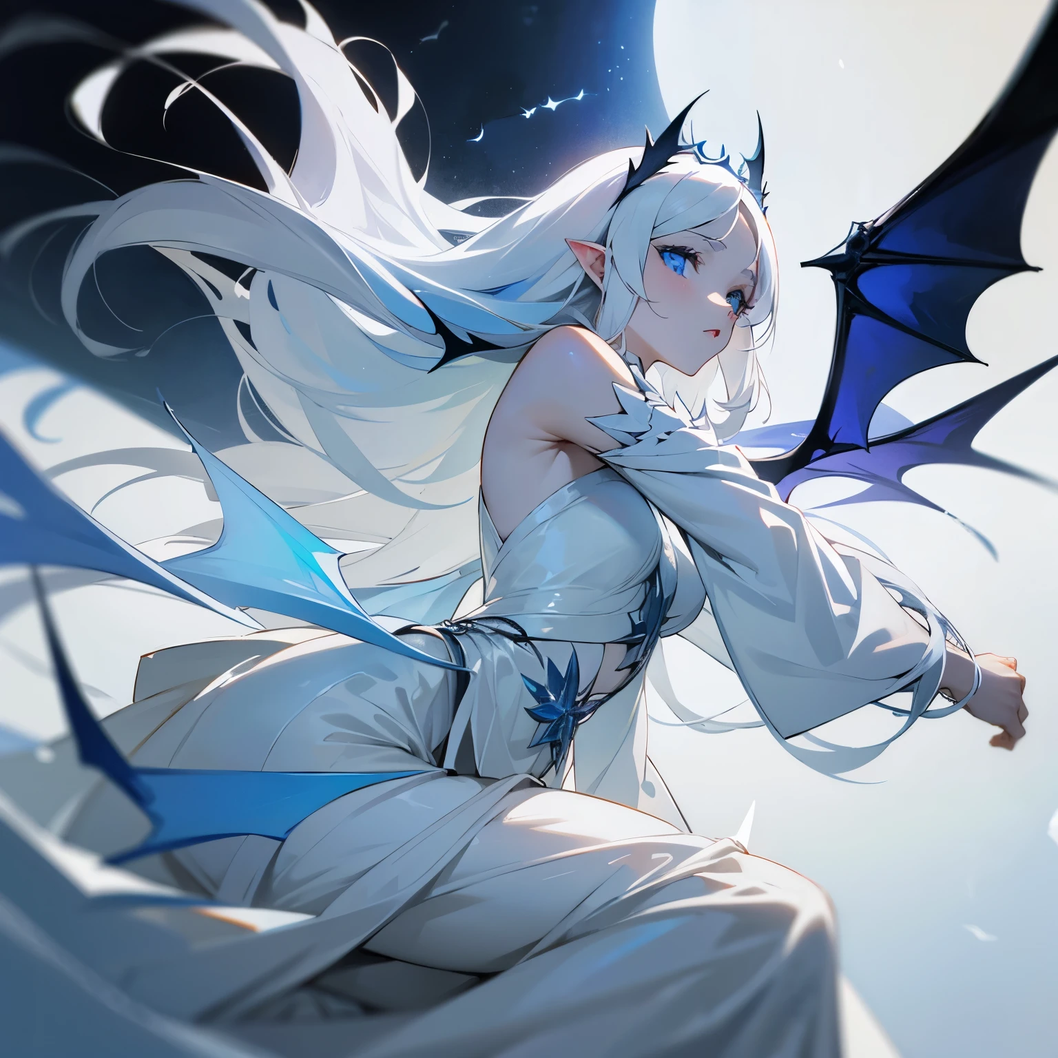 A celestial elegant goddess with light grey skin, long white hair, blue eyes and bat wings