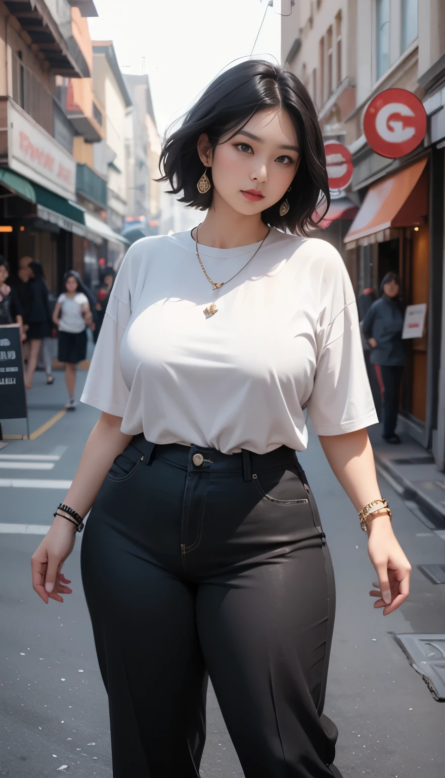 Indonesian woman, thick body, cold atmosphere , thick cheeks , full body , random pose, wavy short hair , thick hips, 40 years old , slightly fat arms , slightly fat belly , thick thighs pants, wearing bracelet ,wearing huge diamond necklace , watch , hena art on her skin, dark clothes 