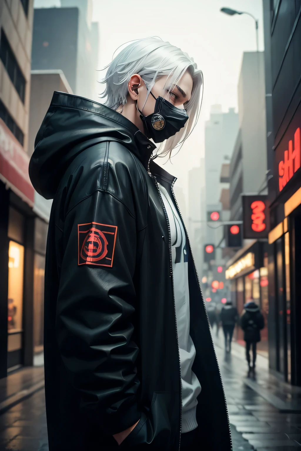 There is a man wearing a ghost mask and a black hoodie，showing his back, Hyper-realistic cyberpunk style，Digital cyberpunk anime style, white color, white hair, horror background really dark and scary