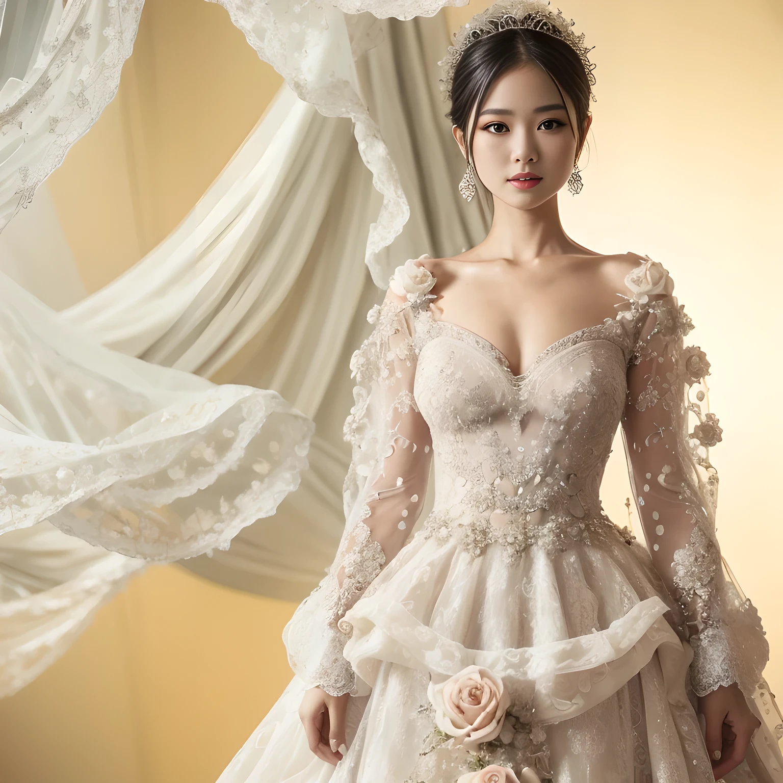 arafed woman in a wedding dress standing in front of a rose, intricate gown, fantasy long intricate gown, wedding dress, dressed beautiful gown, intricate fantasy dress, robe. extremely high details, jaw-dropping beauty, floral couture, beautiful gown, exquisite fine details, extravagant dress, an intricate dress, white regal gown, jingna zhang, intricate wlop