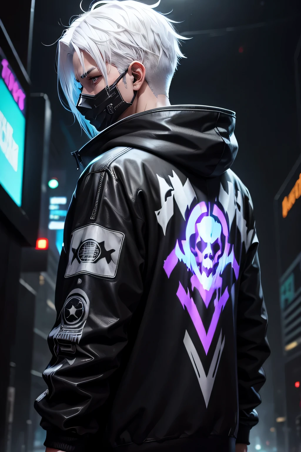 There is a man wearing a ghost mask and a black hoodie,showing his back, Hyper-realistic cyberpunk style,Digital cyberpunk anime style, white color, white hair, horror background really dark and scary