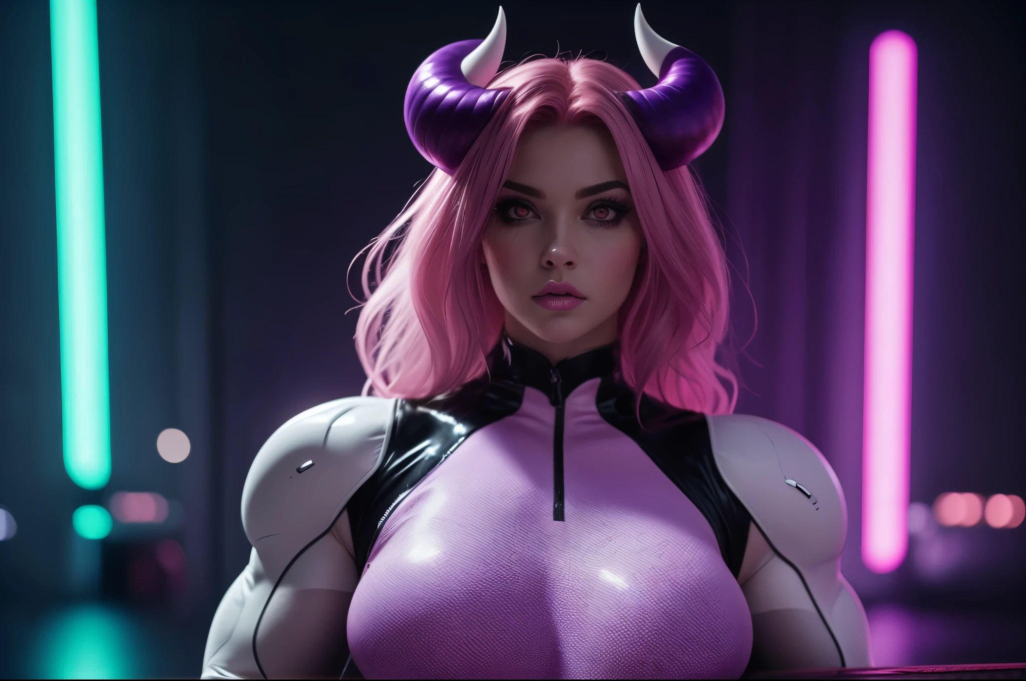 (pink and purple demoness:1.5),(beautiful female model:1.5), (demoness with Large horns:1.25),(1 super muscular succubus with flayed skin:1.5), (covered in thick white muscle suit:1.5), (exposed perfect anatomy:1.5), high detail, best quality, masterpiece, finely detail, realistic skin texture, 85 mm art lens, f 1.2, sharp focus, 8 k high definition, insanely detailed, intricate, super glowing  eyes, pink hair, glowing white background, hair bun, beautiful female face, white skin, pink highlights, big breast, huge saggy breast, natural face, no makeup on, purple neon lights in the background, only one demoness