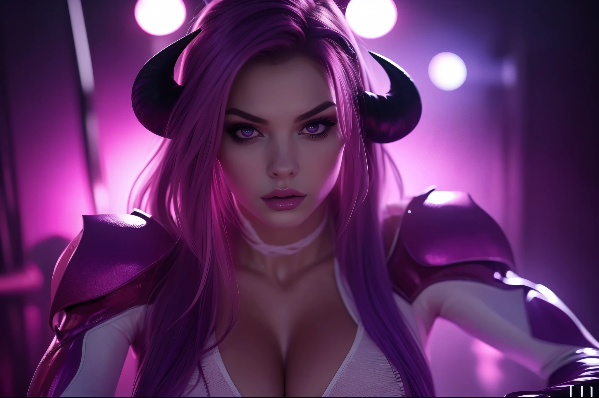 (pink and purple demoness:1.5),(beautiful female model:1.5), (demoness with Large horns:1.25),(1 super muscular succubus with flayed skin:1.5), (covered in thick white muscle suit:1.5), (exposed perfect anatomy:1.5), high detail, best quality, masterpiece, finely detail, realistic skin texture, 85 mm art lens, f 1.2, sharp focus, 8 k high definition, insanely detailed, intricate, super glowing  eyes, pink hair, glowing white background, hair bun, beautiful female face, white skin, pink highlights, big breast, huge saggy breast, natural face, no makeup on, purple neon lights in the background, only one demoness