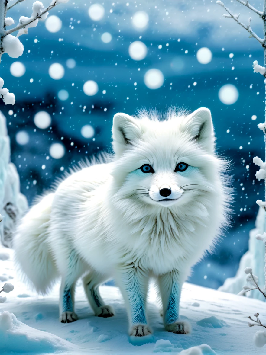 Cute fluffy arctic fox on Japanese anime kawaii style background combines Japanese kawaii art style with modern design,风格为color纹理、radiation clusters、Lowell Herero、pure white、Rebecca Louise Law、color、Cute arctic fox moving on the snow