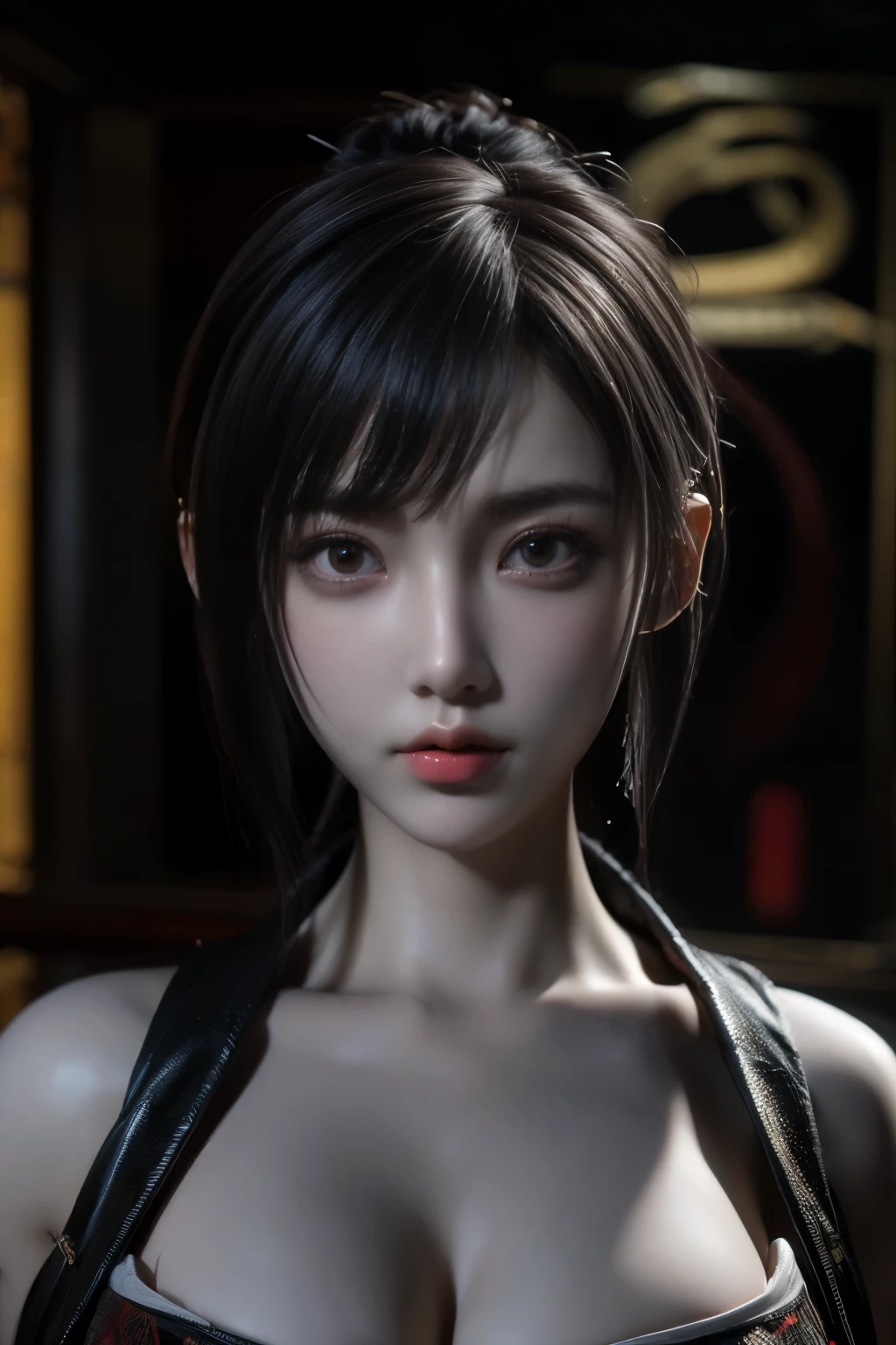 Masterpiece,Game art,The best picture quality,Highest resolution,8K,(Portrait),Unreal Engine 5 rendering works,(Digital Photography),((Portrait Feature:1.5)),
20 year old girl,Short hair details,With long bangs,(The red eye makeup is very meticulous),(White with short hair:1.4),(Large, full breasts),Elegant and noble,Brave and charming,
(Cyberpunk combat suit combined with the characteristics of Chinese fairy costume,Combined with the characteristics of Dunhuang costumes,Ribbon,Golden pattern),Cyberpunk figures,Big moon background,
Movie lights，Ray tracing，Game CG，((3D Unreal Engine))，OC rendering reflection pattern