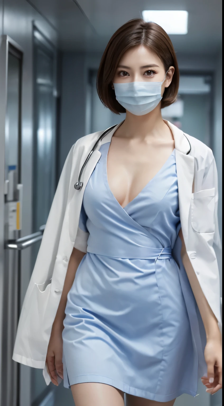 Photorealistic beautiful doctor、amazingly beautiful、(Doctor White Coat Naked),(topless)、Decolletage、thighs、barefoot、(highest quality、8k、32K、masterpiece、nffsw:1.3)、ultra high resolution,(Photoreal:1.4),RAW photo, detailed face,,beautiful hair, ((doctor style)), (Blue surgical gown and white doctor&#39;coat、Light blue mask),very short hair 、 natural makeup,, small perfect breasts、(walk down the hospital hallway) 、、detailed background, perfect lighting, Depth of written boundary, beautiful shadow gradation,(Stethoscope) ,、thin limbs、細いthighs、whole body、backwards、