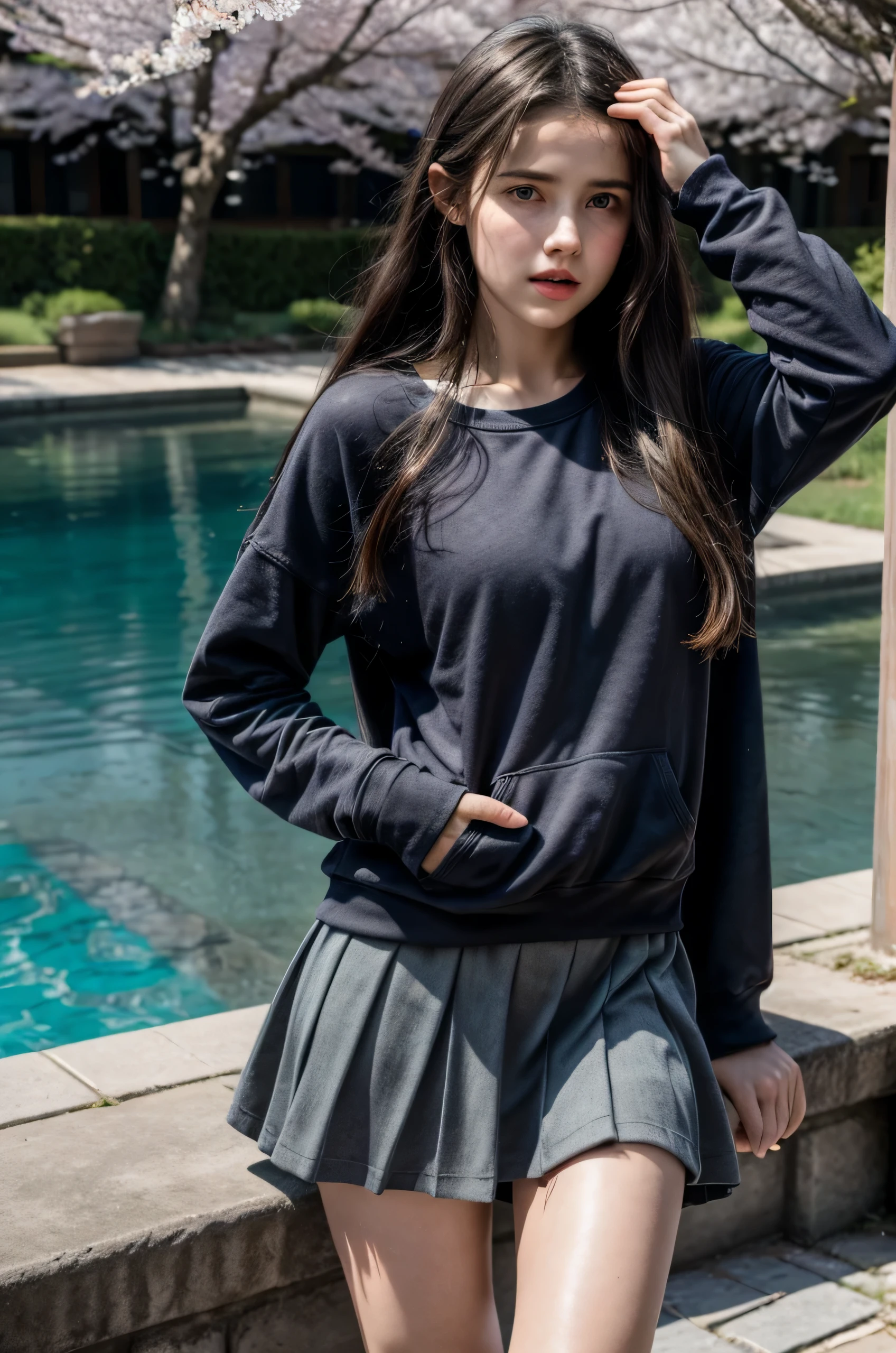 Beautiful young Margaret Qualley, The Last of Us, game, big dark blue sweatshirt, Tiny grey pleated skirt, no panties, dark tights, hyperrealistic, , model body, mid sized breasts, beautiful breasts, long hair, braided hair, long legs , 8k, standing in front of lake, cherry blossom, sunlight, led lighting, blood on wall, pool of blood, full of human remains, detailed reflection, anime style, detailed face