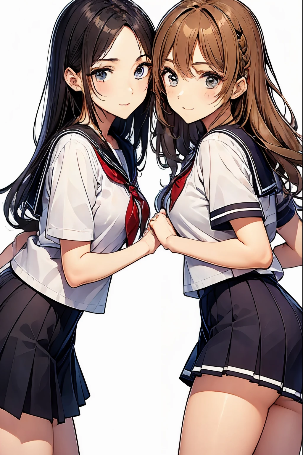 (2 girls), chyuri, cuddling, beautiful, smile, Japanese high school student, short sleeve sailor school uniform, classroom,