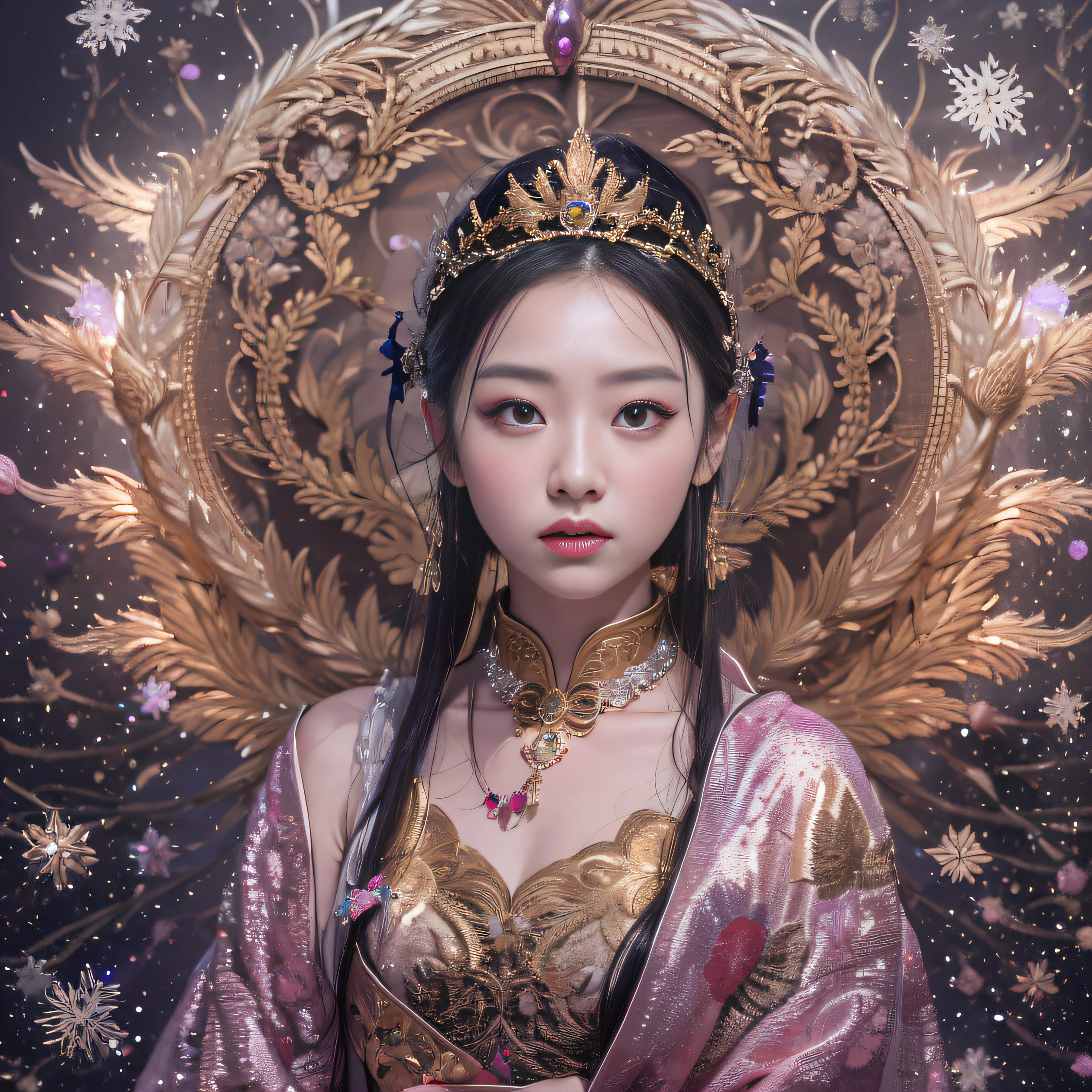 32,000(masterpiece,k hd,hyper hd,32,000)short and detailed hair,Gold jewelry area in back room,flame girl ,Yaorang Guardian (In reality:1.4),python pattern gown,Purple Pink Tiara,Fluttering snowflakes,The background is pure.,hold your head high,pride,nostrils see people, high resolution, Detail, RAW photographer, Sharp Lee, Nikon D850 film stock photo: Jefferies Lee 4 Kodak Portra 400 카메라 F1.6 shots, rich colors, Very realistic vivid textures, dramatic lighting, Unreal Engine Art Station Trends, Sinestyr 800,hold your head high,pride,nostrils see people