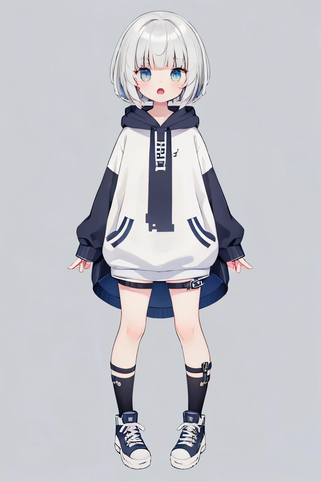 symmetry, 8K, chibi, beautiful detailed eyes, full body, grey background, 1boy, , bob cut, open mouth, white hair, blue eyes, hoodie, short pants, virtual youtuber, 