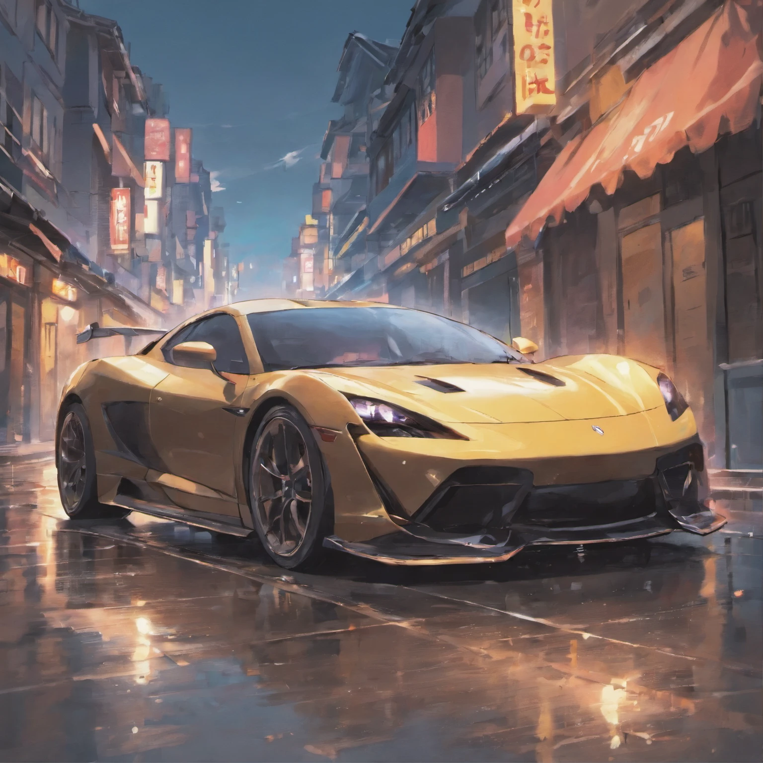 On the street,sleek sportscar,breaking,There is liquid on the ground,Black liquid,Obvious liquid,Real street background,ruins