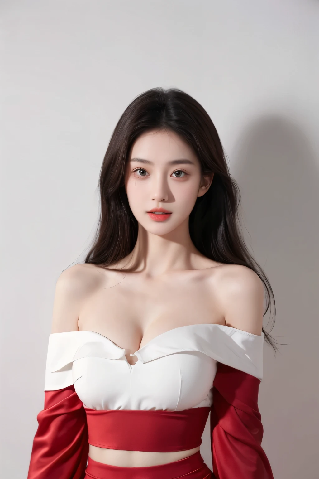 （lifelike,high resolution：1.3）， A slim girl， The face shape and eyes are super delicate,black hair,red glossy lips,(beautiful face), (best quality), (Super detailed), (Extremely detailed CG unified 8k wallpaper),((Tight off-shoulder top)),(White background),(cleavage),sexy look,big eyes,(standing),(Slim waistline),Teardrop-shaped breasts,soft breasts,very realistic breasts,Character centered,Underwear shoulder straps,shorts,sexy pose