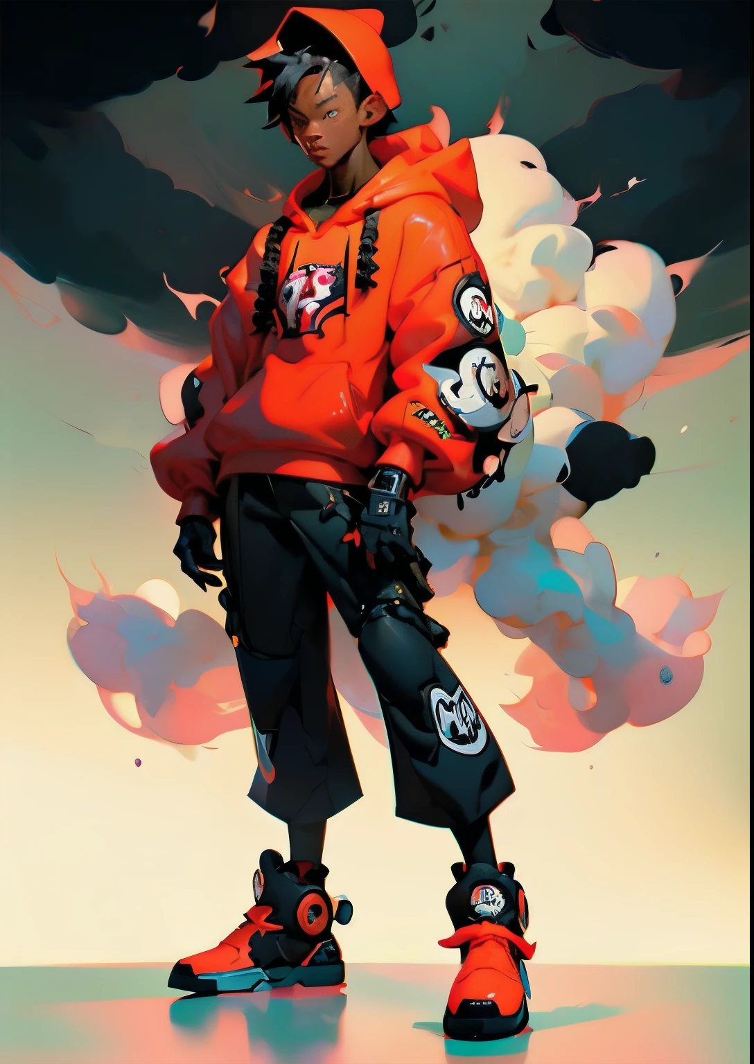 Cartoon character wearing red hoodie holding skateboard, streetwear graphic design, Akira art style, hustle and bustle, Super vivid and intense MCBESS, Akira art style, in the style of sifu 🔥 😎 🕹️ 👀 :2, Hydro74 style, jet radio style, uganda knuckles, Akira style illustration, nihilistic