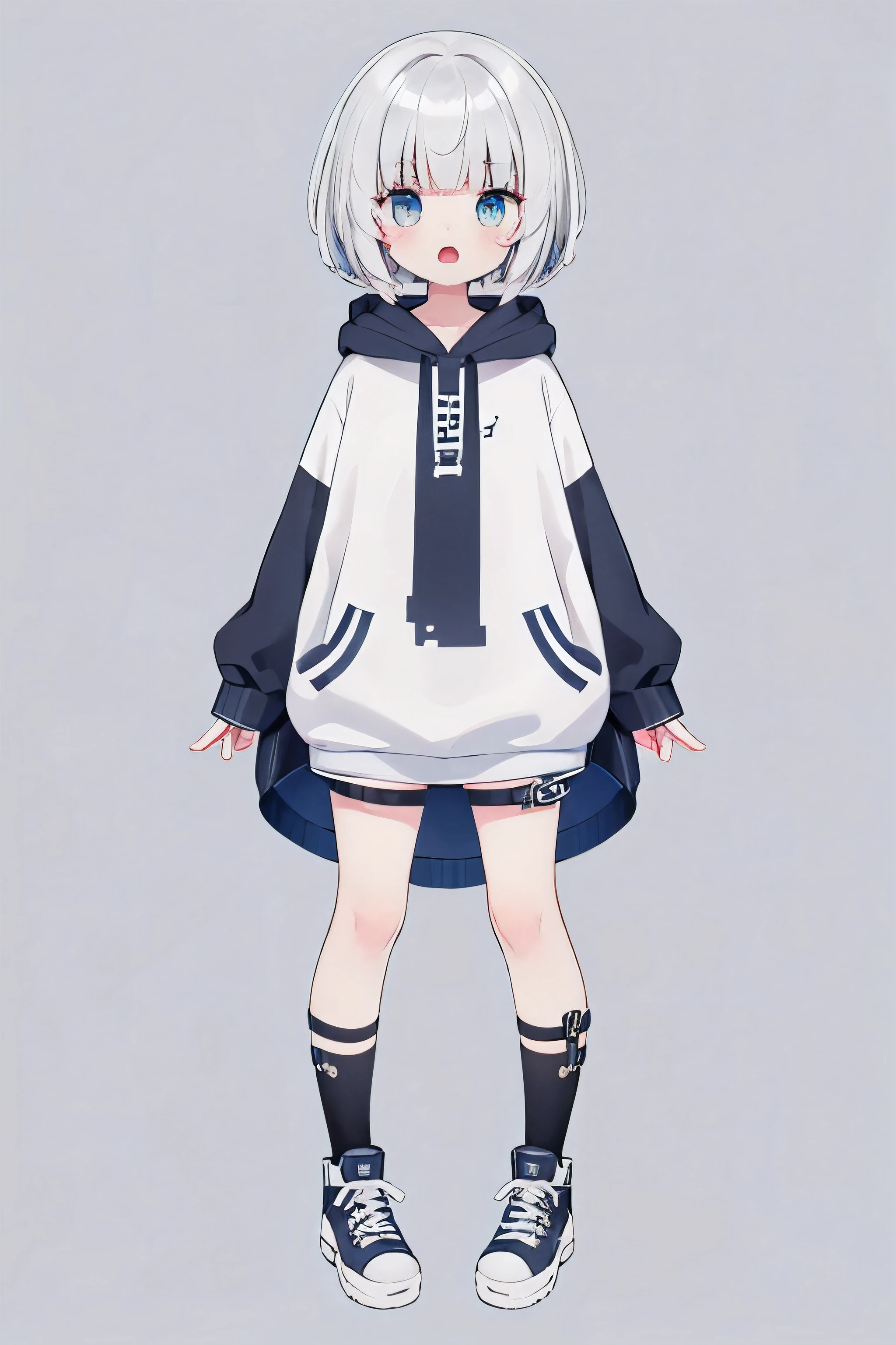 symmetry, 8k, Little, detailed and beautiful eyes, whole body, gray background, 1 boy, 15 years old, bob cut, open your mouth, gray hair, blue eyes, hoodie, shorts, Virtual YouTuber,