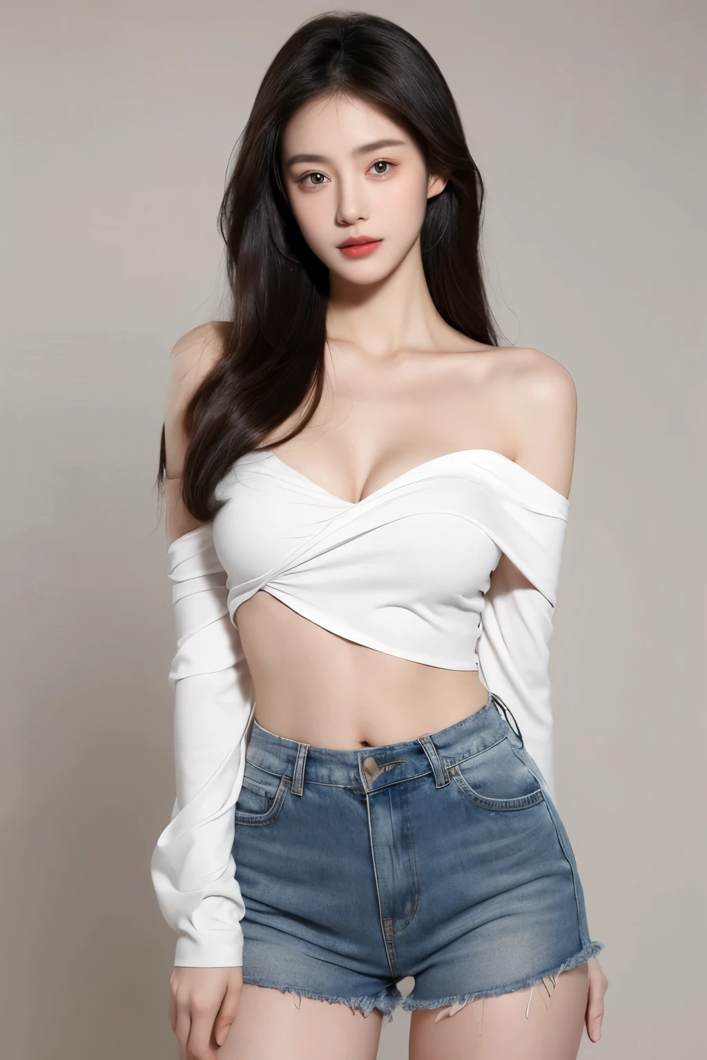 （lifelike,high resolution：1.3）， A slim girl， The face shape and eyes are super delicate,black hair,red glossy lips,(beautiful face), (best quality), (Super detailed), (Extremely detailed CG unified 8k wallpaper),((Tight off-shoulder top)),(White background),(cleavage),sexy look,big eyes,(standing),(Slim waistline),Teardrop-shaped breasts,soft breasts,very realistic breasts,Character centered,Underwear shoulder straps,shorts,