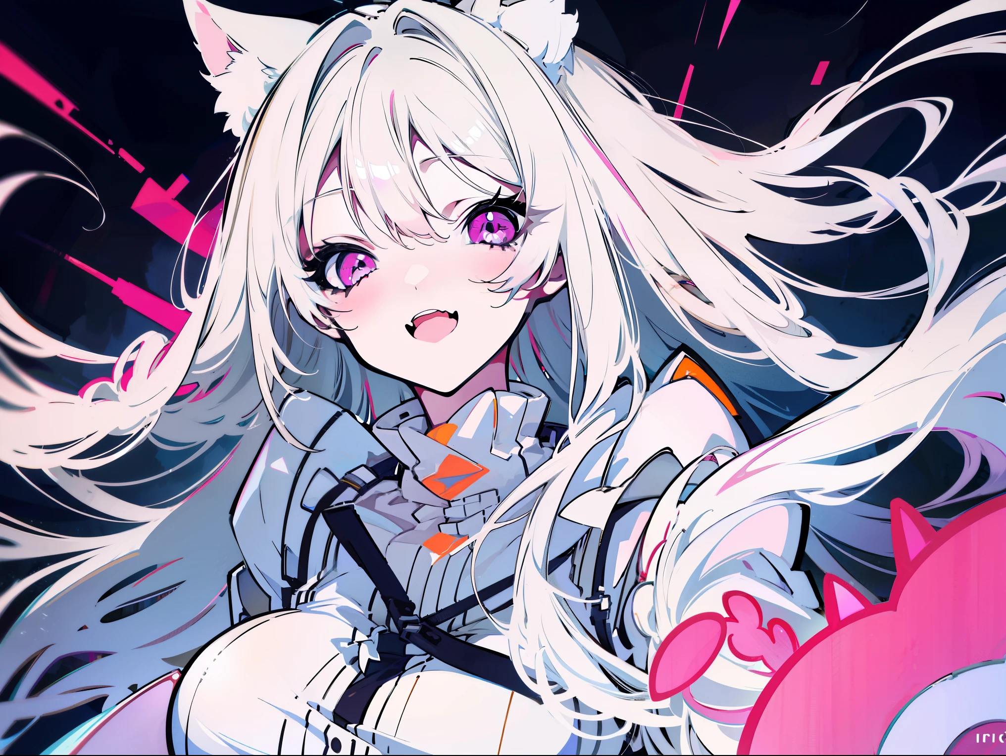 white hair，straight hair，light pink eyes，cat girl，Big breasts，White cat ears，open mouth，Smile