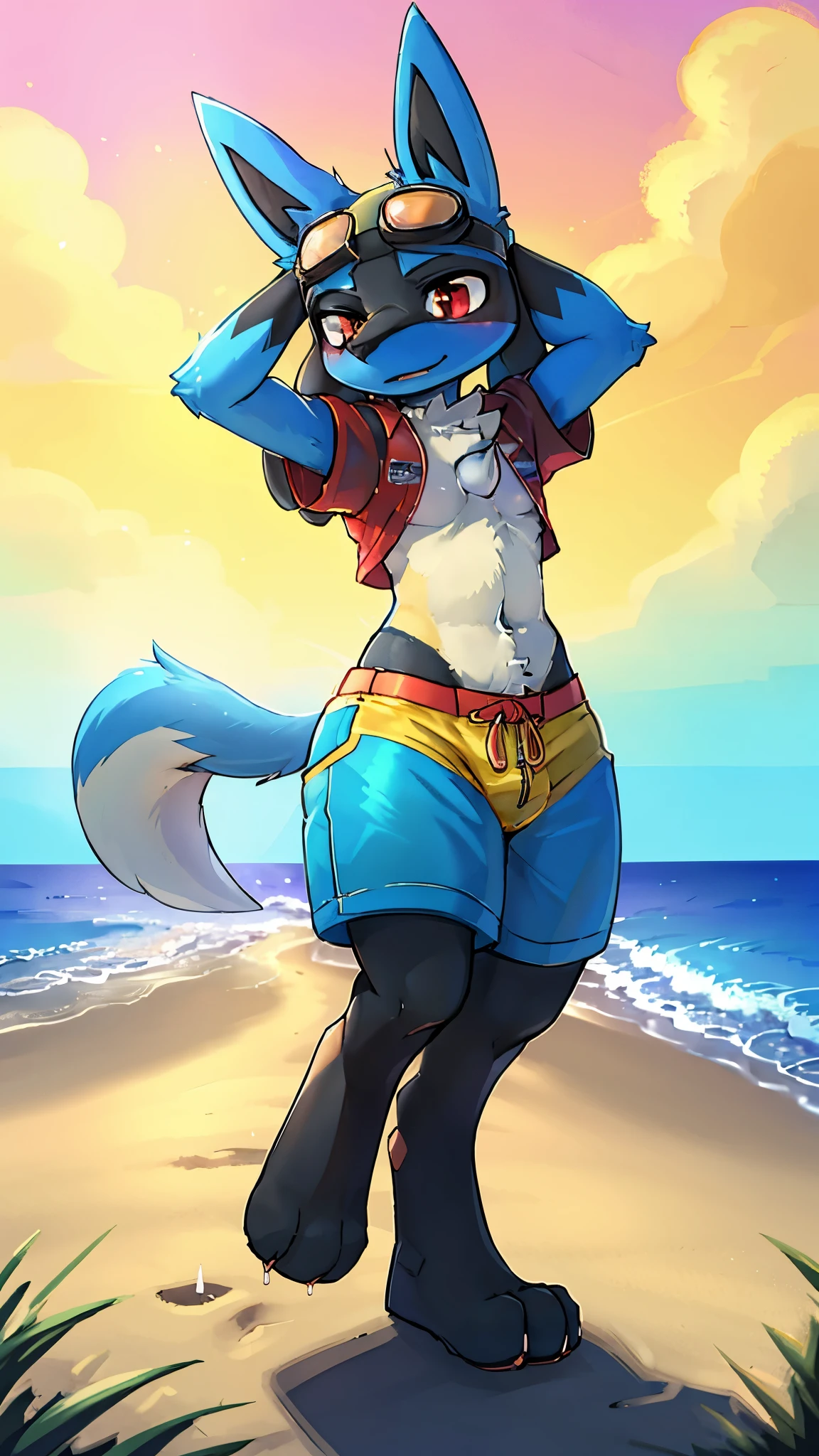 Lucario, furry shota, detailed body fur, detailed face, detailed eyes, glistering body, shiny body, gorgeous body, masterpiece, high quality, full body, feets with three toes, ((goggles, red hawaiian shirt, open clothes, black swim trunks)), beach, clear sky,