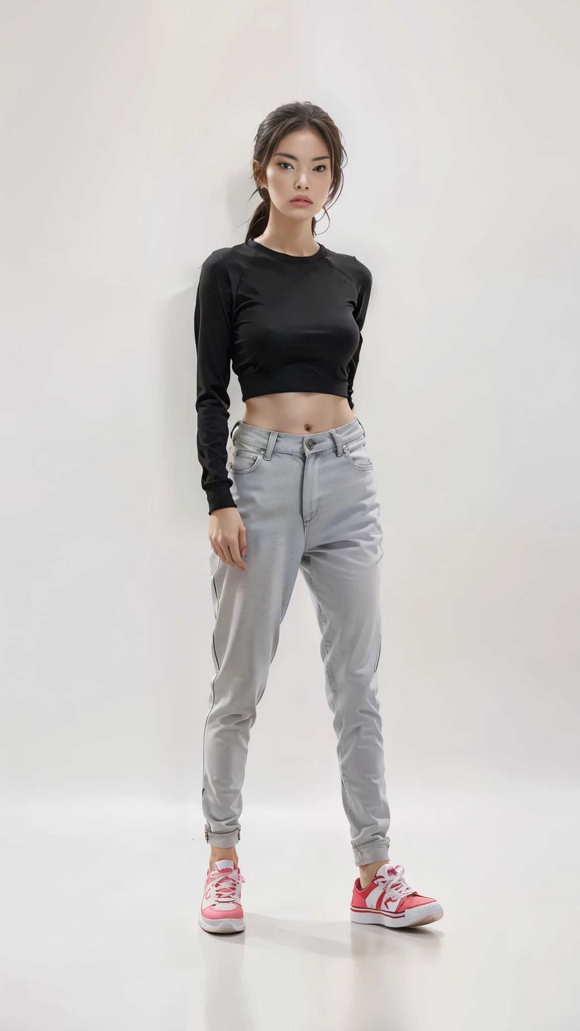 16K, Masterpiece, photorealism, A girl walks to her full height, a girl with dark long hair, a girl dressed in a white top, light jeans, white sneakers, white background,