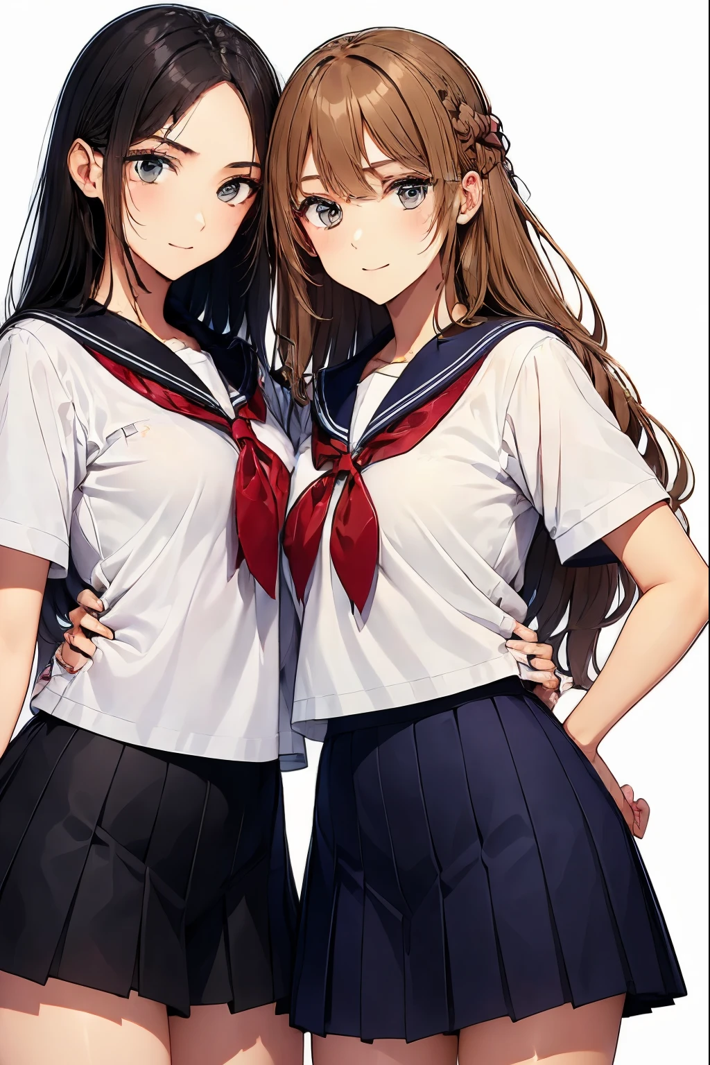 (2 girls), chyuri, cuddling, beautiful, smile, Japanese high school student, short sleeve sailor school uniform, (classroom),