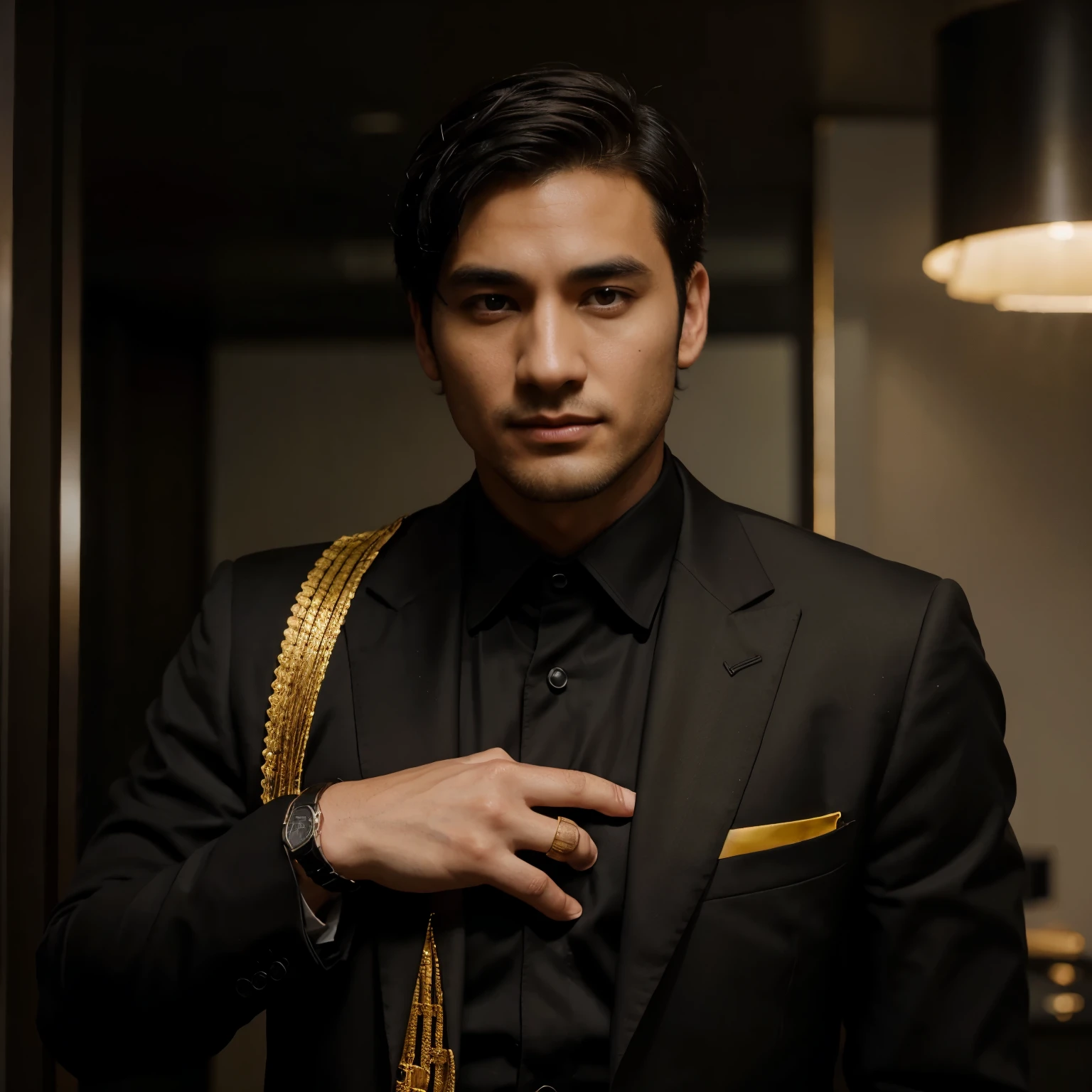 A 32-year-old man, short black hair, black eyes, black suit, black and gold watch, he is very handsome 