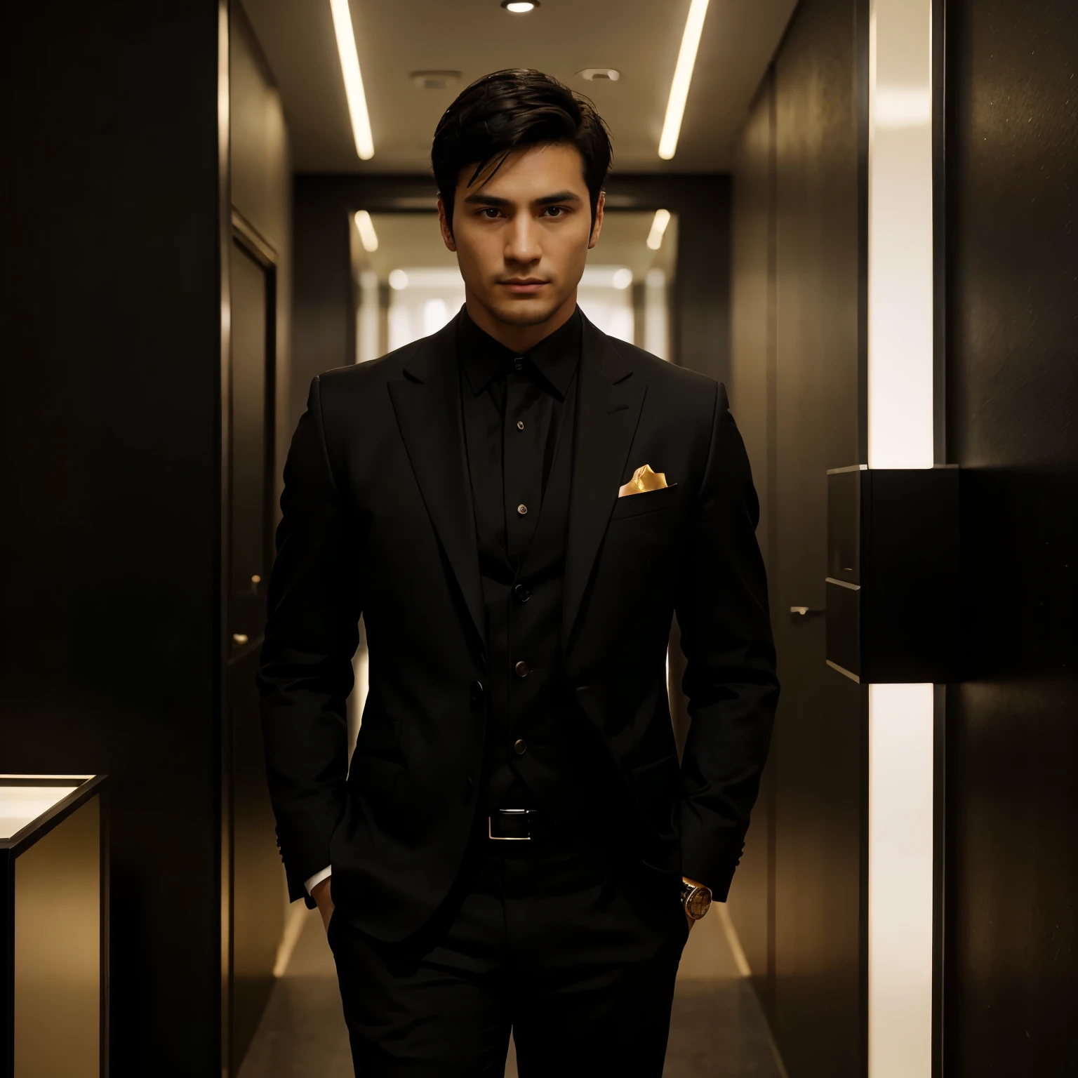 A 32-year-old man, short black hair, black eyes, black suit, black and gold watch, he is very handsome 