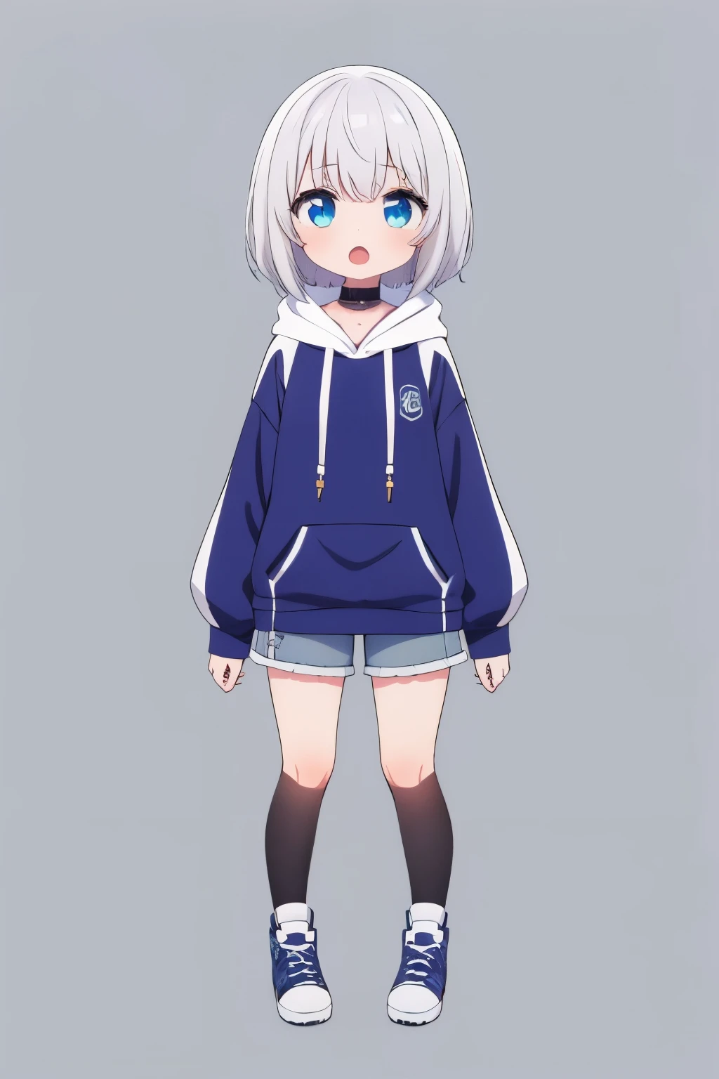 symmetry, 8K, chibi, beautiful detailed eyes, full body, grey background, 1girl, 15 years old, open mouth, white hair, blue eyes, hoodie, short pants, virtual youtuber,
