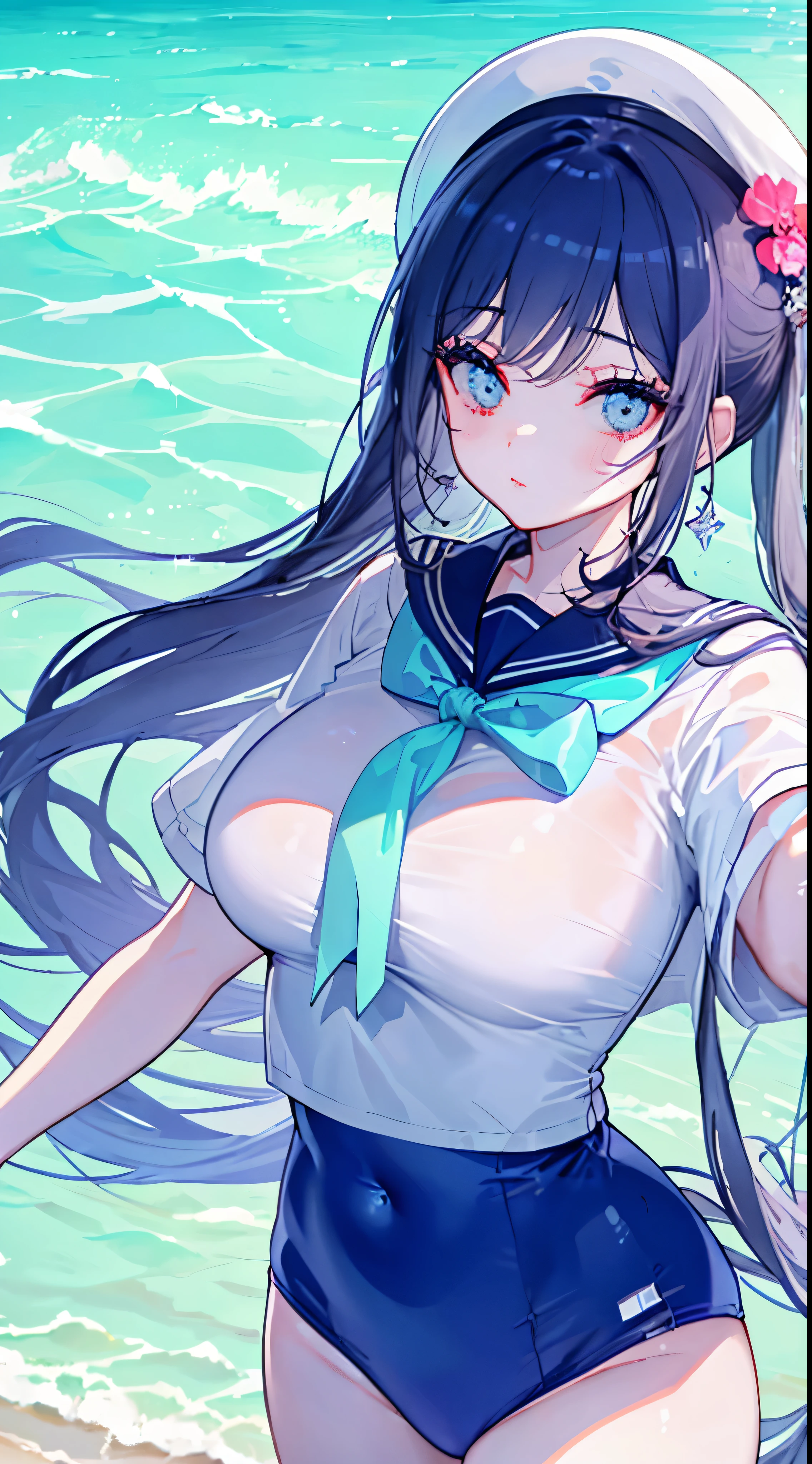 "(perfect masterpiece:1.2), (highest quality:1.2), stunning face,  uniform, mature and chubby, big eyes, bright eyes, compensate, long and luxurious eyelashes, lip whole, irresistible charisma.",sailor swimsuit