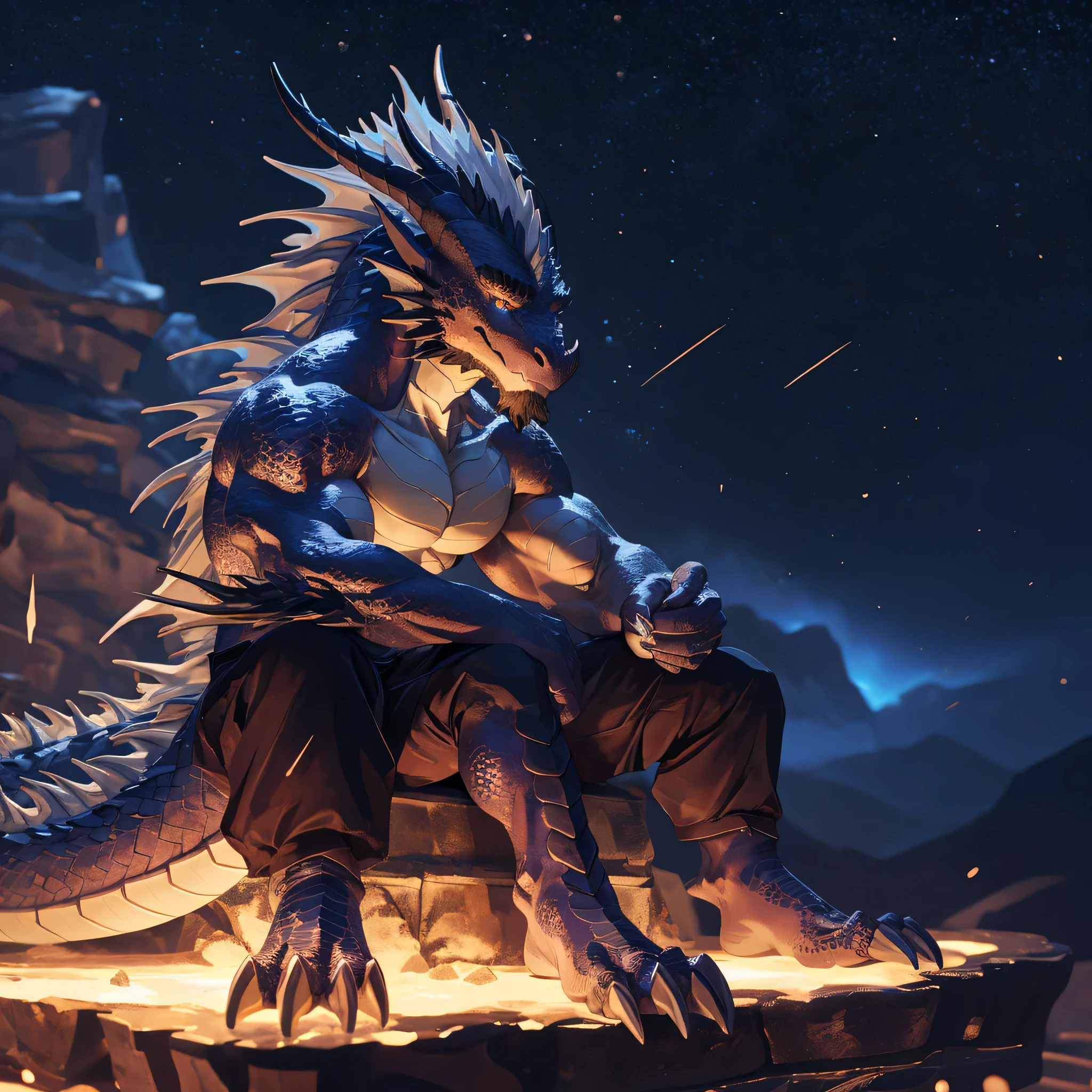 alone, untamed, (dragon), Eastern dragon, male, ((muscular)), scales, Tail, Handsome, starry, sitting, claw toes, epic, depth of field, perfect lighting, (Bokeh),(best quality),(masterpiece),(ultra-deTailed),sharp focus, particle