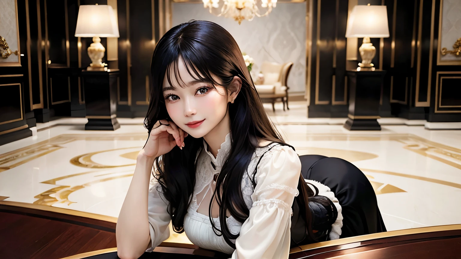 Highest image quality、realistic pictures、Photographed with a wide-angle lens。Luxurious lobby of luxury hotel、Spacious space、young woman greeting、cute face、beautiful woman、long black hair、Formal wear、sense of cleanliness、long hair、secretary、smile、richness、chic、fashionable、hisense。