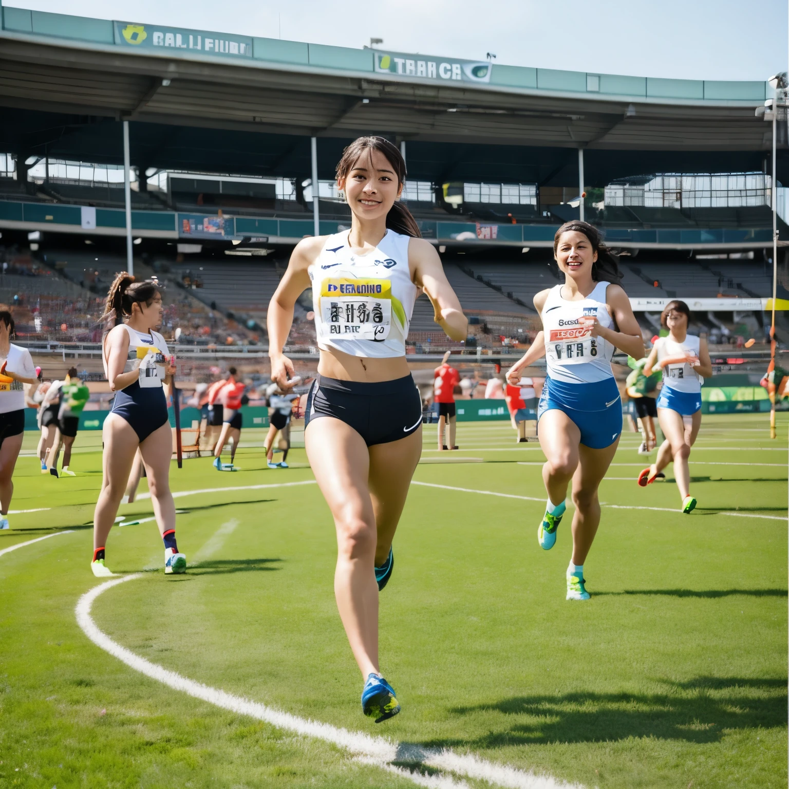 highest quality,masterpiece,Very detailed, 8k,a 17 years old beautiful Japanese woman:1.5, blunt bangs, Black hair ponytail, Small face, (Detailed sprint uniform:1.5), Ecstatic expression、 ((Woman standing at the starting line:1.5, Breast Augmentation Surgery))、 height:174cm