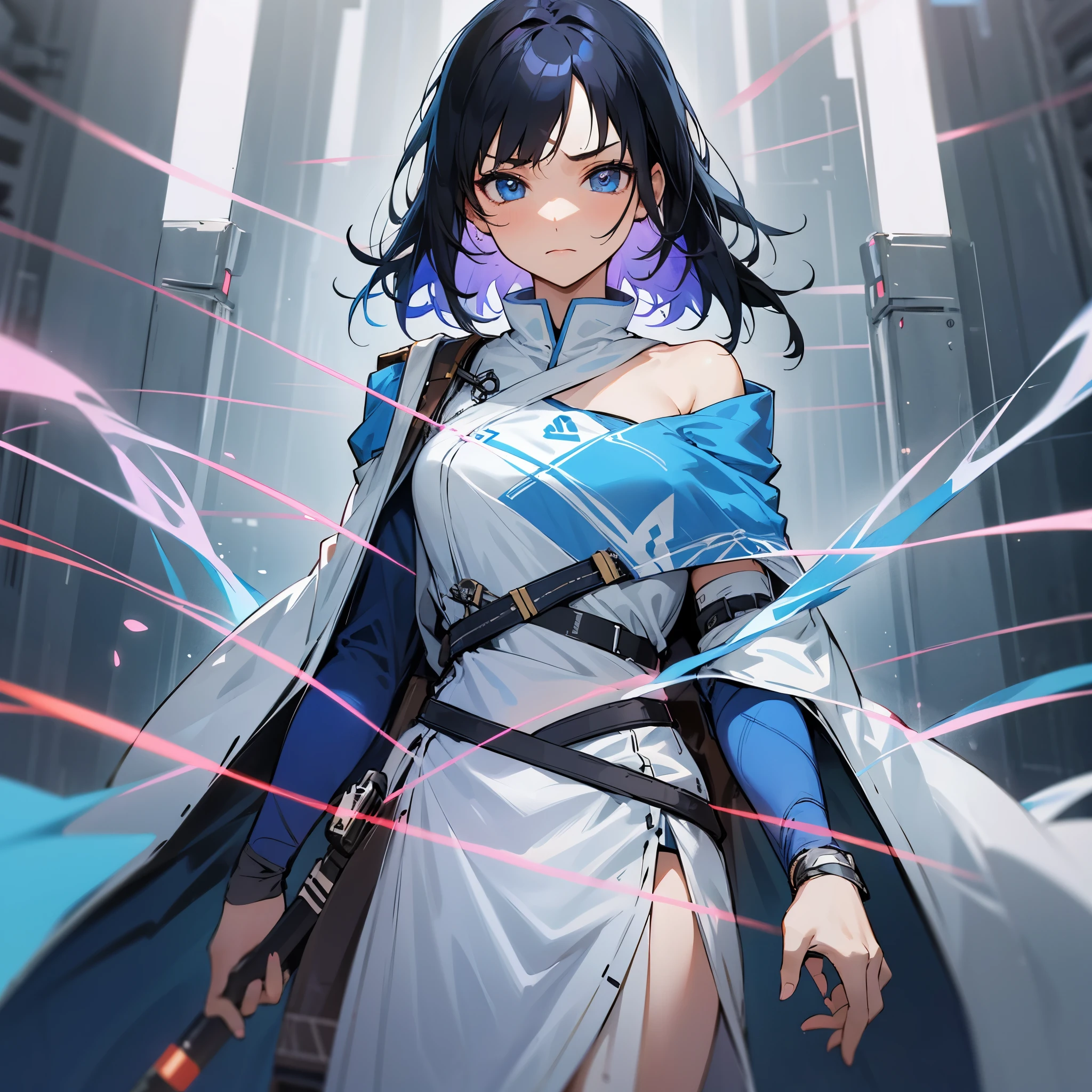 1female , Jedi Clothing , White and Blue Clothing , Short One Shoulder Cape , Long Black Hair , Bright Blue Eyes , Serious Expression , Short , Adult Female , Bandage Wrapped Wrists