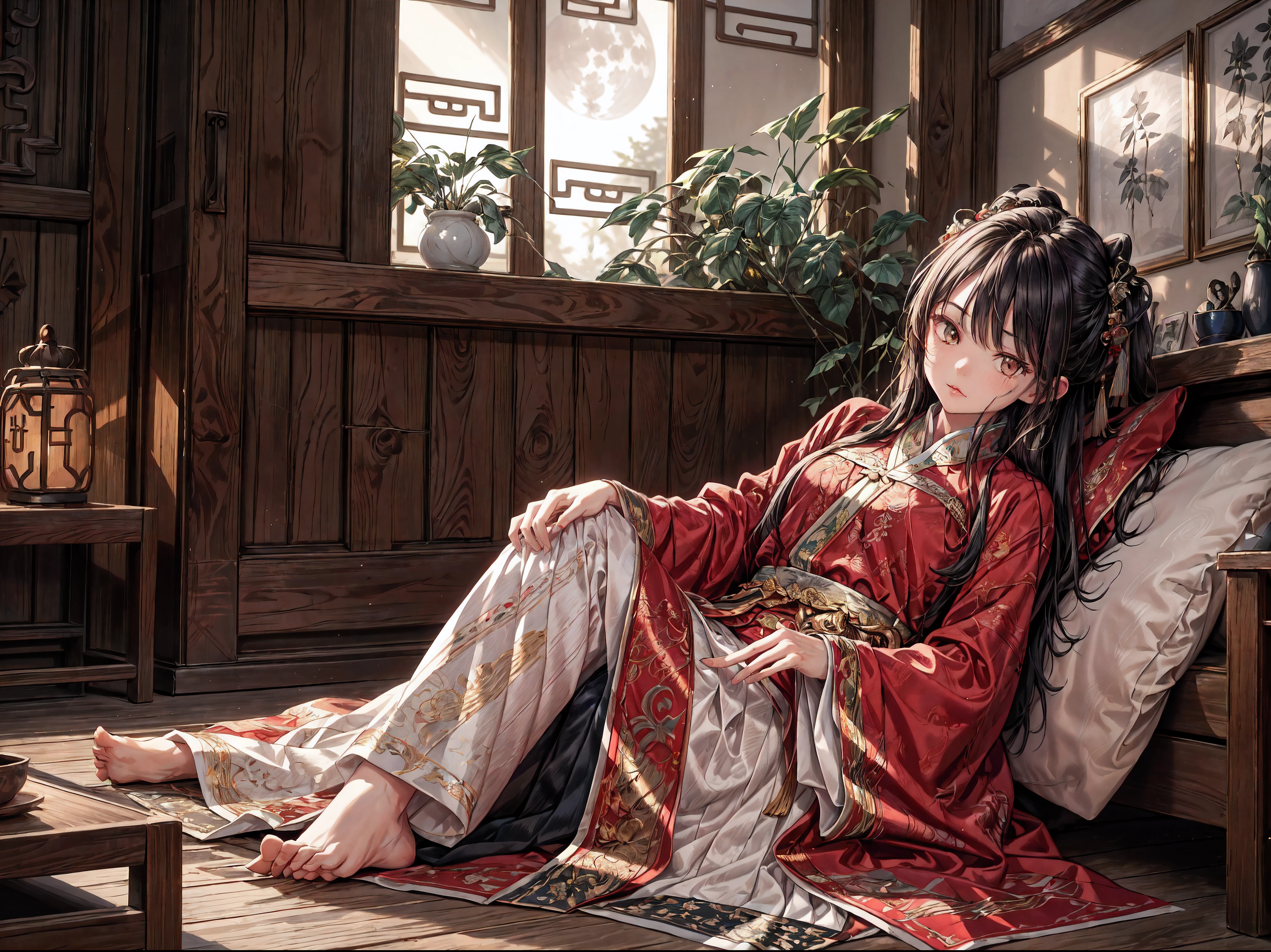 (Ridiculous,Super detailed),(1 girl:1.3),(Hand Painted,simple lines,**************** wearing red Hanfu,on the bed,barefoot,indoor,moonlight,at night,nose blushing,leave,high resolution,masterpiece),moonlight下的卧室里有一个 ****的女孩，wear (Vibrant red Chinese Hanfu), 躺on the bed. 窗外柔和的moonlight映照着房间，dim light, Create a peaceful atmosphere. Girl&#39;s face is decorated with blush on the nose, Add a touch of innocence and charm. Her attire is beautifully Hand Painted, Showcasing the intricate details of traditional clothing. Simple yet elegant lines, Capturing the essence of Hanfu style. The girl is barefoot, Exudes a feeling of comfort and relaxation. This artwork was created at a ridiculously high resolution，and pay attention to details, Make every stroke and fine line clearly visible. The composition is a masterpiece, Reflects the skill and artistry of the creator. The perspective is from the girl&#39;s point of view, Let the audience immerse themselves in her world. The prompt aims to generate an Super detailed, high resolution图像捕捉了中国传统风格环境中月夜的美丽与宁静.