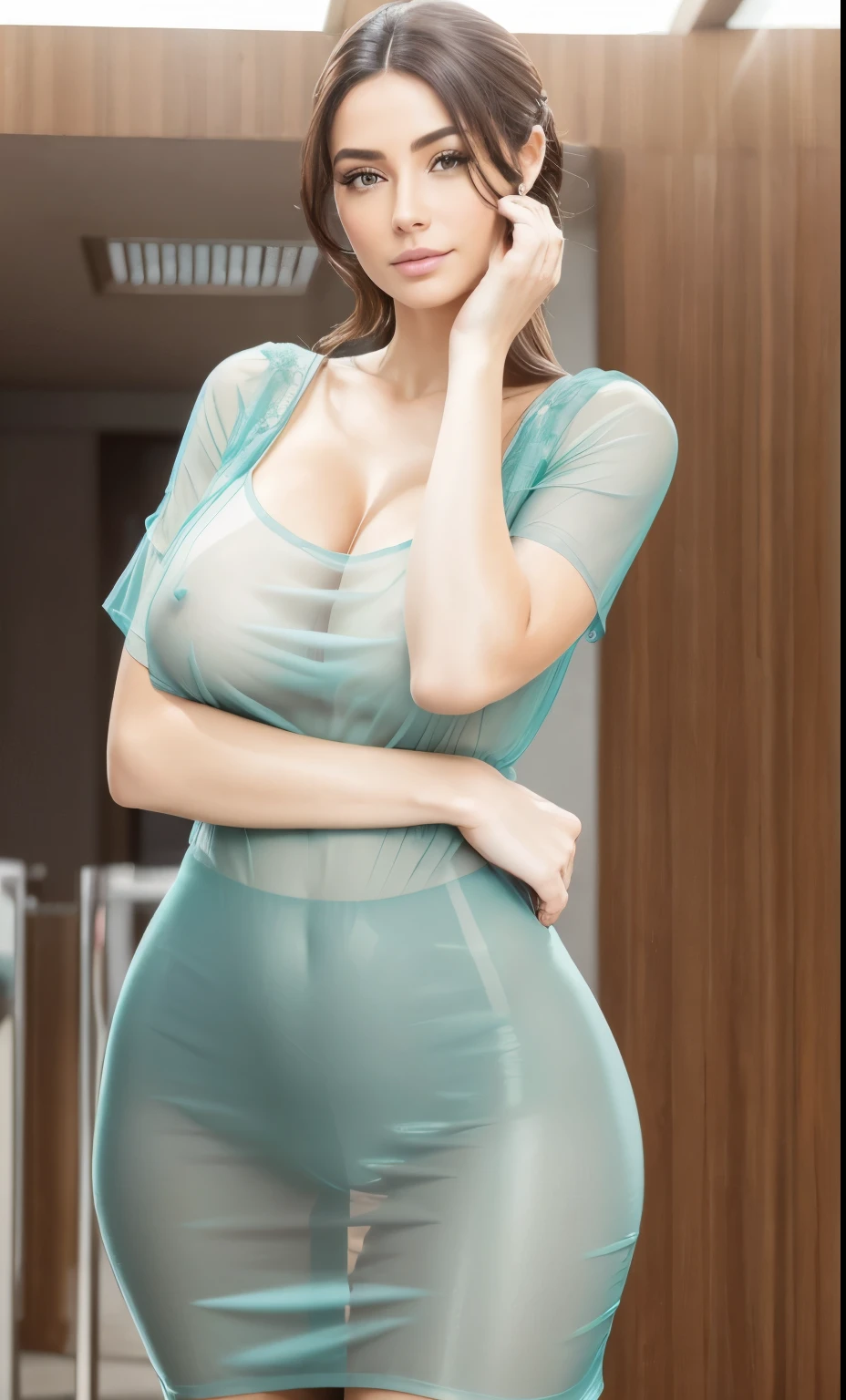 ((realistic lighting、highest qualityr、8k、masterpiece:1.3))、Enfoque claro:1.2、1chica en、perfectbodybeauty:1.4、Abdominales delgados:1.1、((dark brown hair、teta enorme:1.3))、(Vestido Aqua:1.4)、(fuera de casa:1.1)、Calle de la ciudad、Cara superfina、Ojos finos、(Obra maestra, La mejor calidad:1.4, 8k, Hiperrealismo:1.4),fullnude, 1girls, expuesto , Public indecency, mirar at viewr, avergonzado de, (SIGMA 85mm f1.4), NSFW, (Profundidad de campos:0.6), Detailed Fotorrealistaistic backgrounds, luz solar natural difusa, Brillo natural difuso de la piel, tag, (Obra maestra, La mejor calidad:1.4, 8k, Hiperrealismo:1.4), Fotorrealista, Hiperrealismo, Hermosa mujer sexy, Mujer muy linda, 21yo, (((no vestido))), Just wearing a super transparent miniskirt., I can see through , ojos grandes, senos grandes, Cuerpo de estilo perfecto, mirar, Pezones erectos, pubic hair, esperma goteando de , Cuerpo glamuroso, Hair is tied back, Standing with buttocks back, Front view, maquillaje ligero,