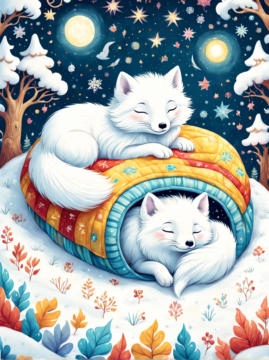 cuteillustration北极狐屋，arctic fox family，animal，hibernation，cute，sleep，Comfortable and warm，looks very happy，illustration，Popularity，Colorful，draw with thick lines，color，dim，light，hibernation的北极狐正在睡觉，have a happy dream，The house is warm and full of happiness，Colorful，gaudy，fantasy，patchwork，Quilt，details details，fluffy，randolph caldecott style, KidsRedmAF