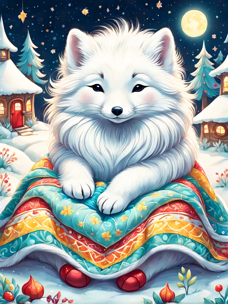cuteillustration北极狐屋，arctic fox family，animal，hibernation，cute，sleep，Comfortable and warm，looks very happy，illustration，Popularity，Colorful，draw with thick lines，color，dim，light，hibernation的北极狐正在睡觉，have a happy dream，The house is warm and full of happiness，Colorful，gaudy，fantasy，patchwork，Quilt，details details，fluffy，randolph caldecott style, KidsRedmAF