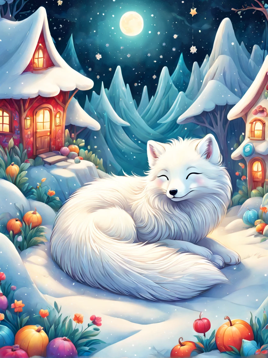 cuteillustration北极狐屋,Snow white arctic fox,hibernation,cute,sleep,Comfortable and warm,looks very happy,illustration,Popularity,Colorful,draw with thick lines,color,dim,light,hibernation的北极狐正在睡觉,have a happy dream,The house is warm and full of happiness,Colorful,gaudy,fantasy,patchwork,Quilt,details details,fluffy,randolph caldecott style, KidsRedmAF