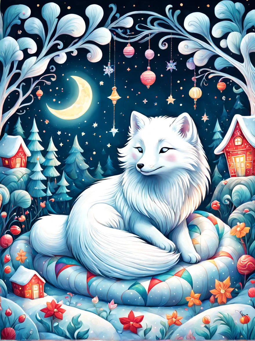 cuteillustration北极狐屋,Snow white arctic fox,hibernation,cute,sleep,Comfortable and warm,looks very happy,illustration,Popularity,Colorful,draw with thick lines,color,dim,light,hibernation的北极狐正在睡觉,have a happy dream,The house is warm and full of happiness,Colorful,gaudy,fantasy,patchwork,Quilt,details details,fluffy,randolph caldecott style, KidsRedmAF