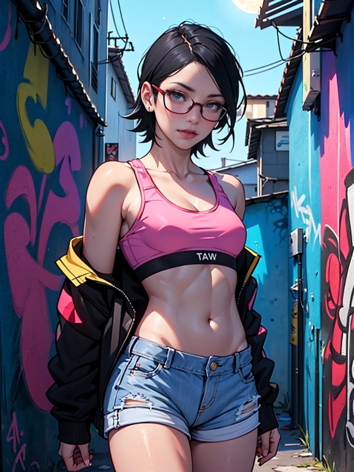 ((Sarada Uchiha, short hair, black eyes, glasses, uchiha sarada)), ((solo, 1woman, pink lipstick, Extremely detailed, ambient soft lighting, 4k, perfect eyes, a perfect face, perfect lighting, a 1girl, small breasts)) austere, ((malicious, (sports bra), jeans, short shorts, unbuttoned shorts)), night sky, clouds, , lots of , (graffiti alley, graffiti walls, in an alley, night, moonlight, starry night)